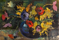French Mid Century Still Life Bright Colourful Flowers in Blue Vase Oil Painting