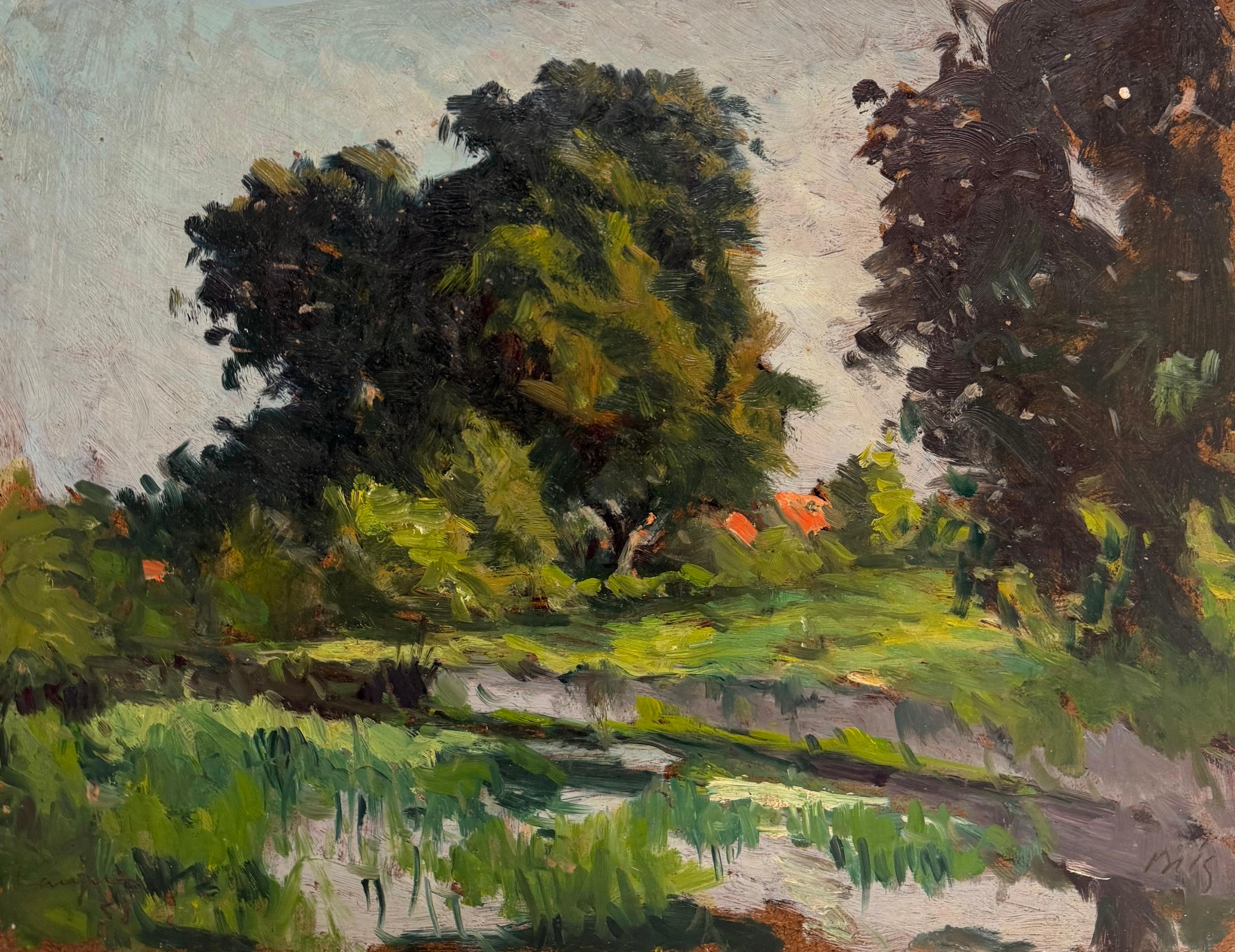 French Impressionist Landscape Riverbank Trees Oil Painting Board
French School, early 20th century
signed lower right (indistinct)
oil on board, unframed
Board: 10.75 x 14  inches
Provenance: private collection, France
Condition: good overall