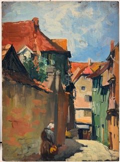 Sunlit French Village Street with Red Roofs and Figures Post Impressionist Style
