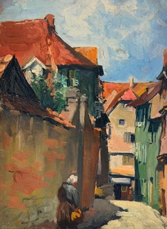 Sunlit French Village Street with Red Roofs and Figures Post Impressionist Style