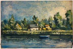 Sunlit Riverbank with Cottage and Boat Blue Green French Landscape Oil Painting