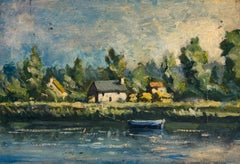 Sunlit Riverbank with Cottage and Boat Blue Green French Landscape Oil Painting