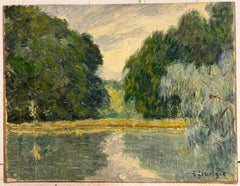 Tranquil French River Landscape with Trees Reflections Impressionist Painting