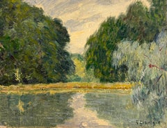 Tranquil French River Landscape with Trees Reflections Impressionist Painting