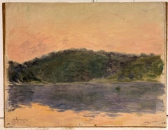 Warm Pink Evening Light Over French Lake Landscape Impressionist Painting