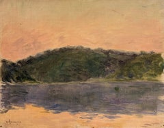 Warm Pink Evening Light Over French Lake Landscape Impressionist Painting