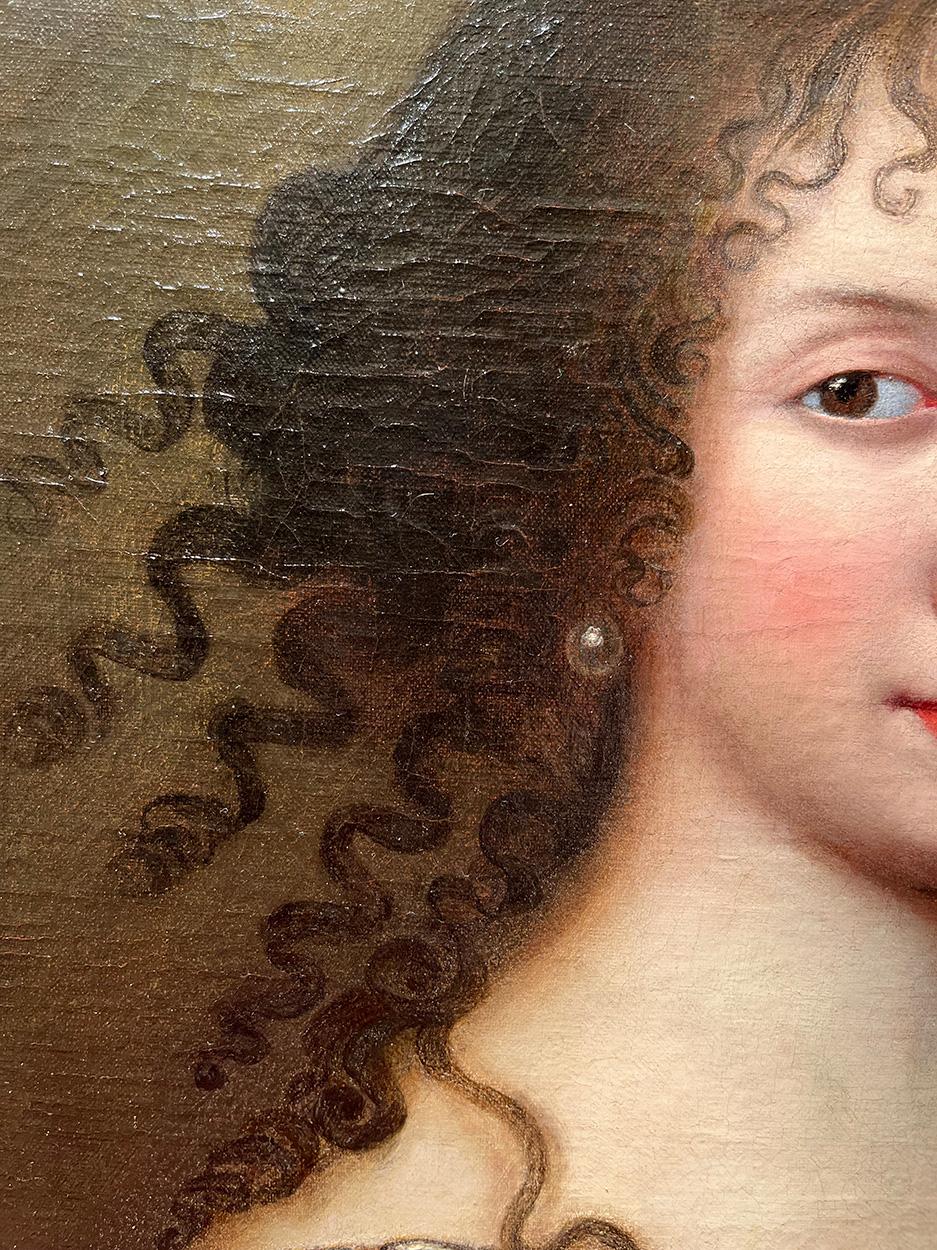 École française du XVIIe siècle Portrait de femme avec des fleurs Huile sur toile - Maîtres anciens Painting par French School of the 17th Century 
