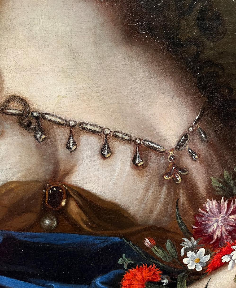 École française du XVIIe siècle Portrait de femme avec des fleurs Huile sur toile en vente 1