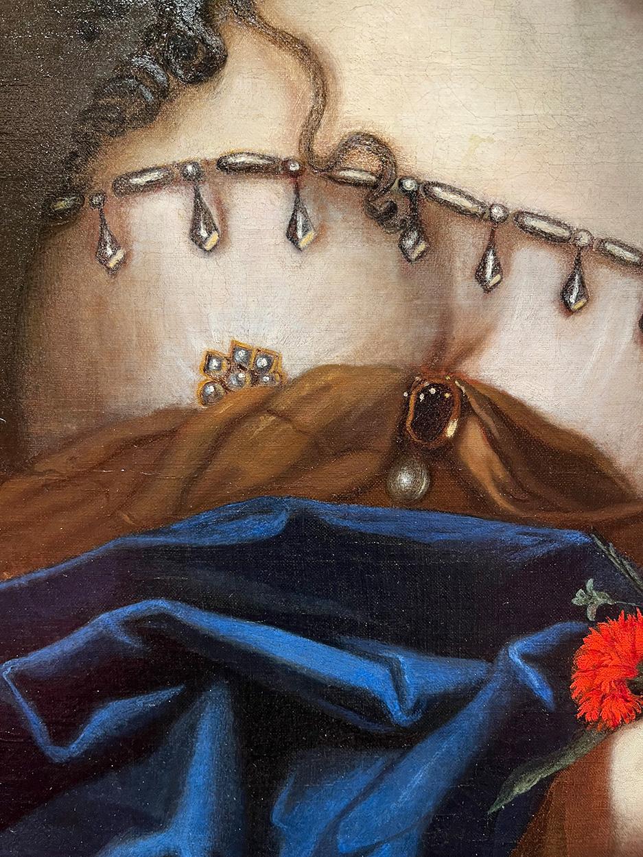École française du XVIIe siècle Portrait de femme avec des fleurs Huile sur toile en vente 2