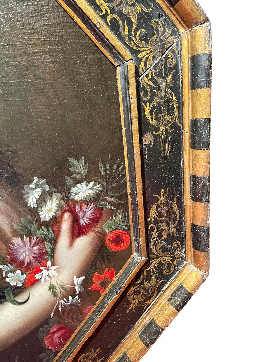 École française du XVIIe siècle Portrait de femme avec des fleurs Huile sur toile en vente 4