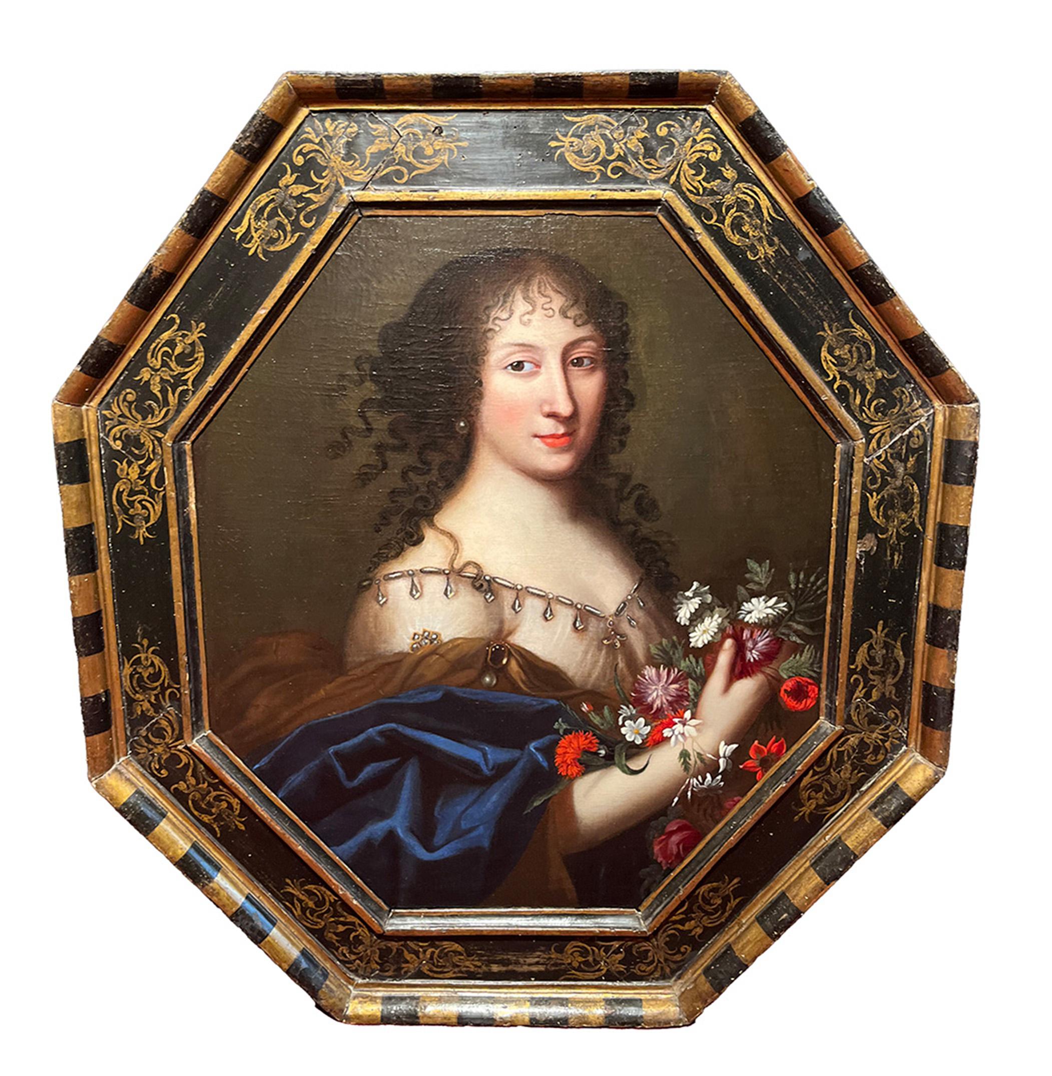 Portrait Painting French School of the 17th Century  - École française du XVIIe siècle Portrait de femme avec des fleurs Huile sur toile