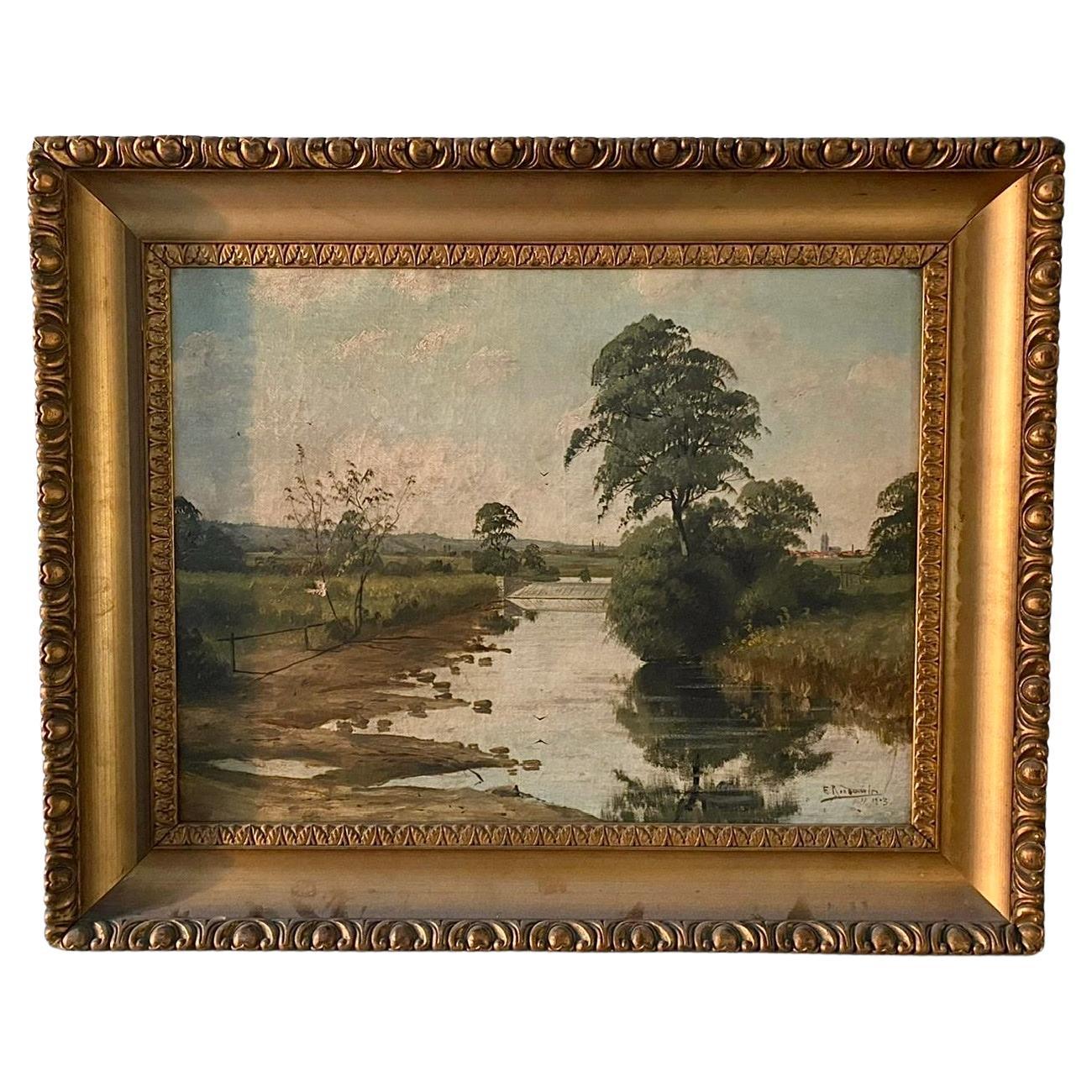 French School Oil on Canva Countryside Landscape, Early 20th Century 