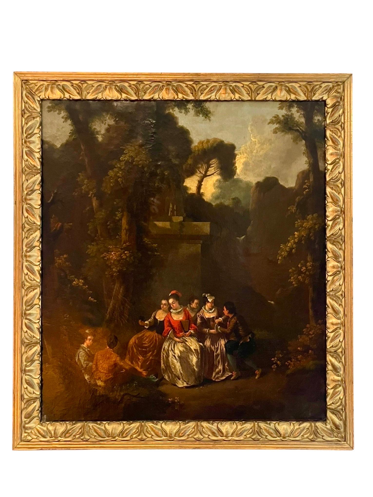 Este magnífico cuadro presenta una escena galante, típica de la elegancia y la frivolidad de la época. En el centro, cinco mujeres jóvenes, probablemente aristócratas, destacan por sus refinados atuendos. Una de ellas, delicadamente vestida, lleva