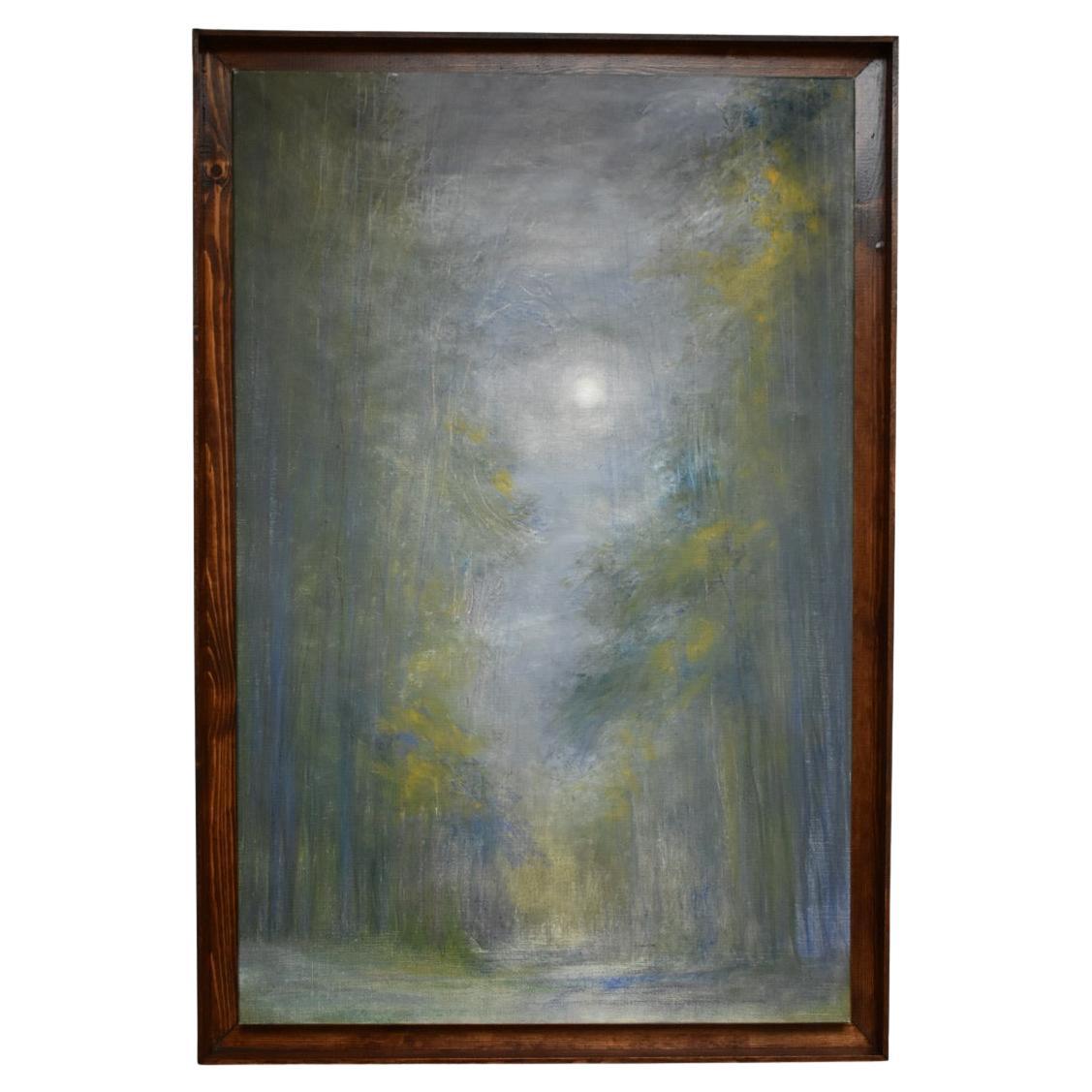 Olio su tela di scuola francese che rappresenta una foresta di notte, XX secolo.  Francese sch
