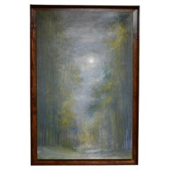 Olio su tela di scuola francese che rappresenta una foresta di notte, XX secolo.  Francese sch