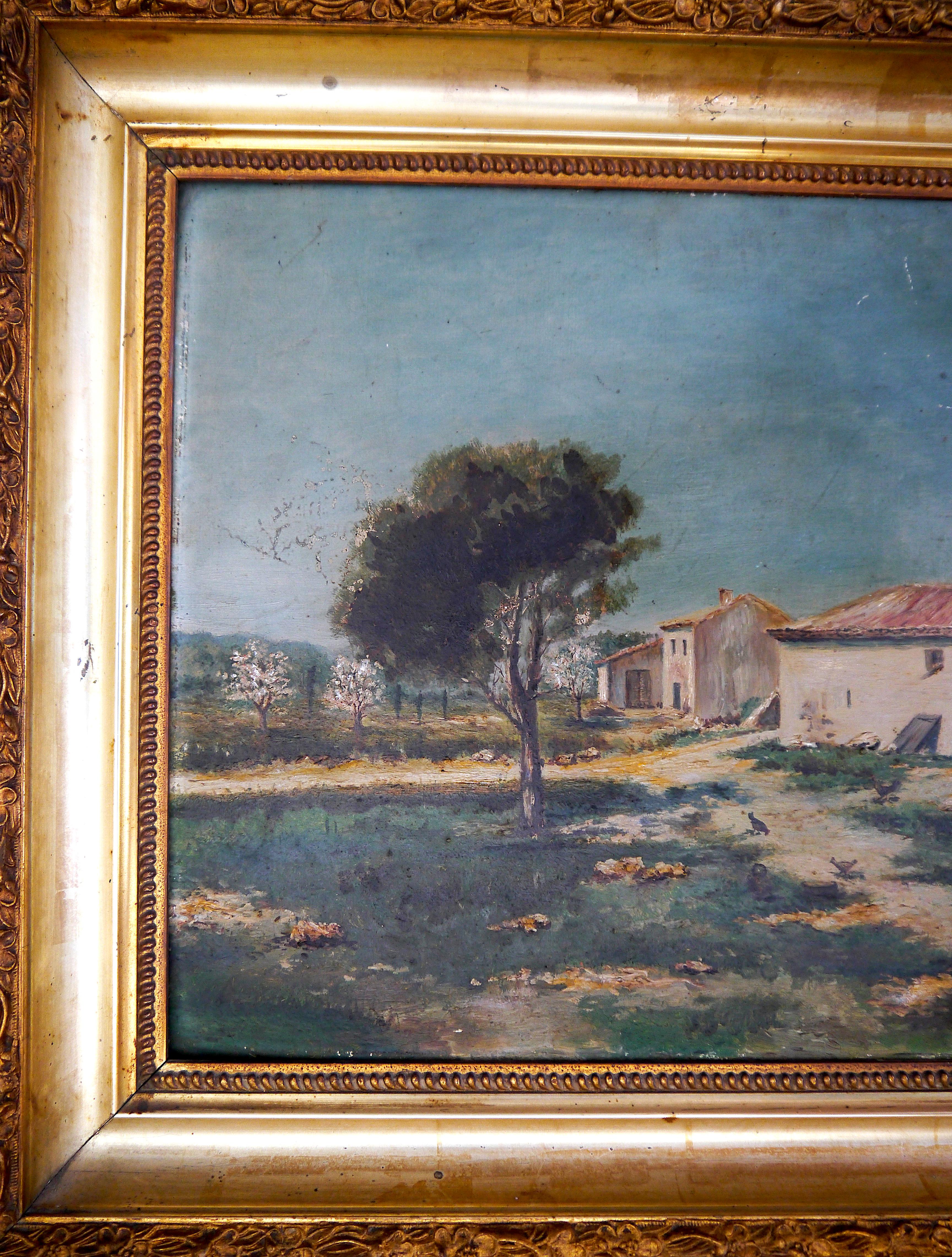 Landscape in Provence. 

Typical farm in Provence with flat roof. 

Structural Analysis :
On the left side,  a composition of trees painted with a heavy and thick texture (such as Impressionist painters)
On the right side, there is a serie of houses