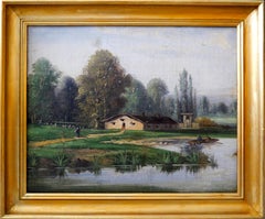 19th Century French Lake Landscape BARBIZON School Oil painting Signed   
