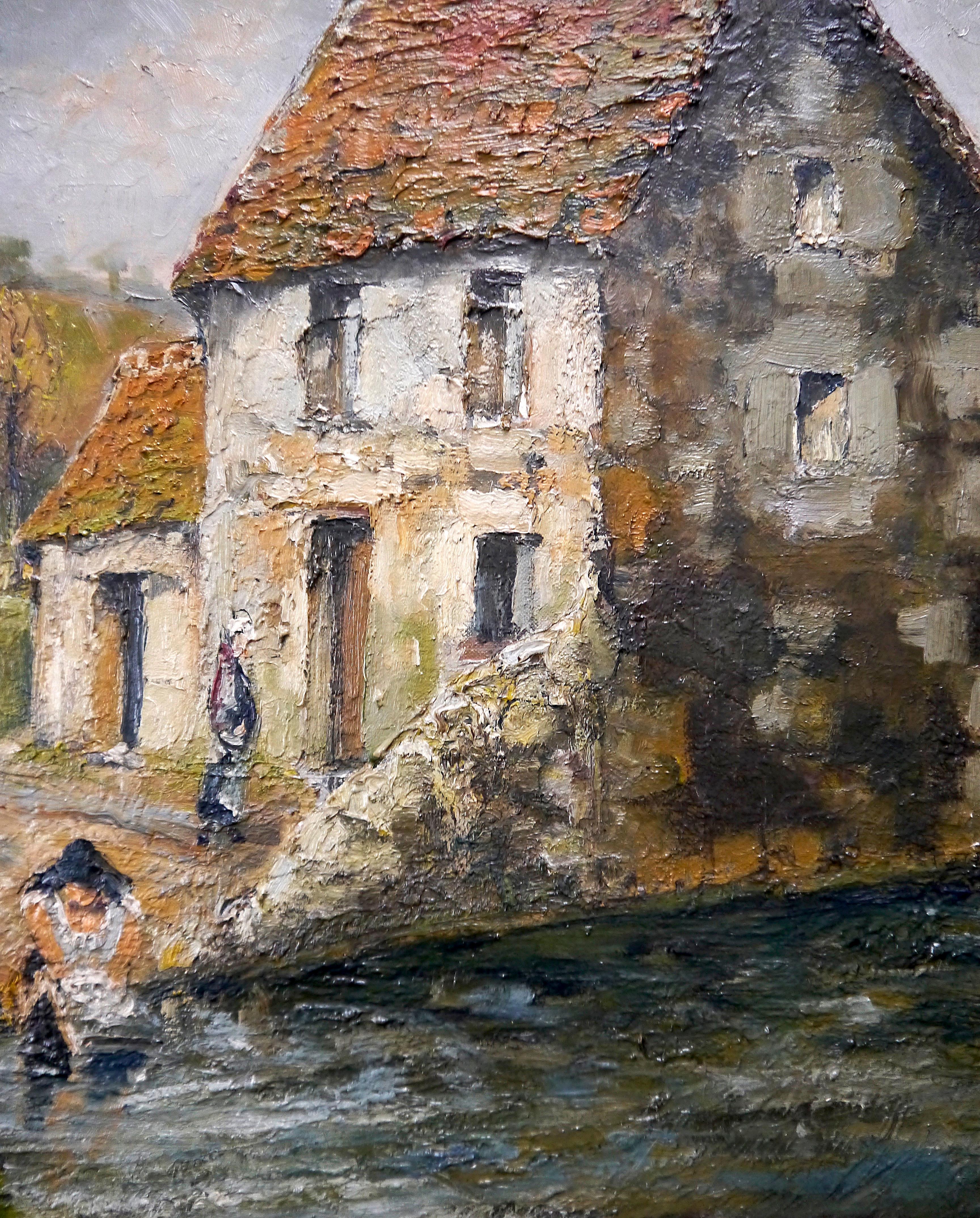 20° secolo Impressionista francese Casa paesaggio Pittura ad olio firmata - Figurative Painting Grigio di Raymond Besse