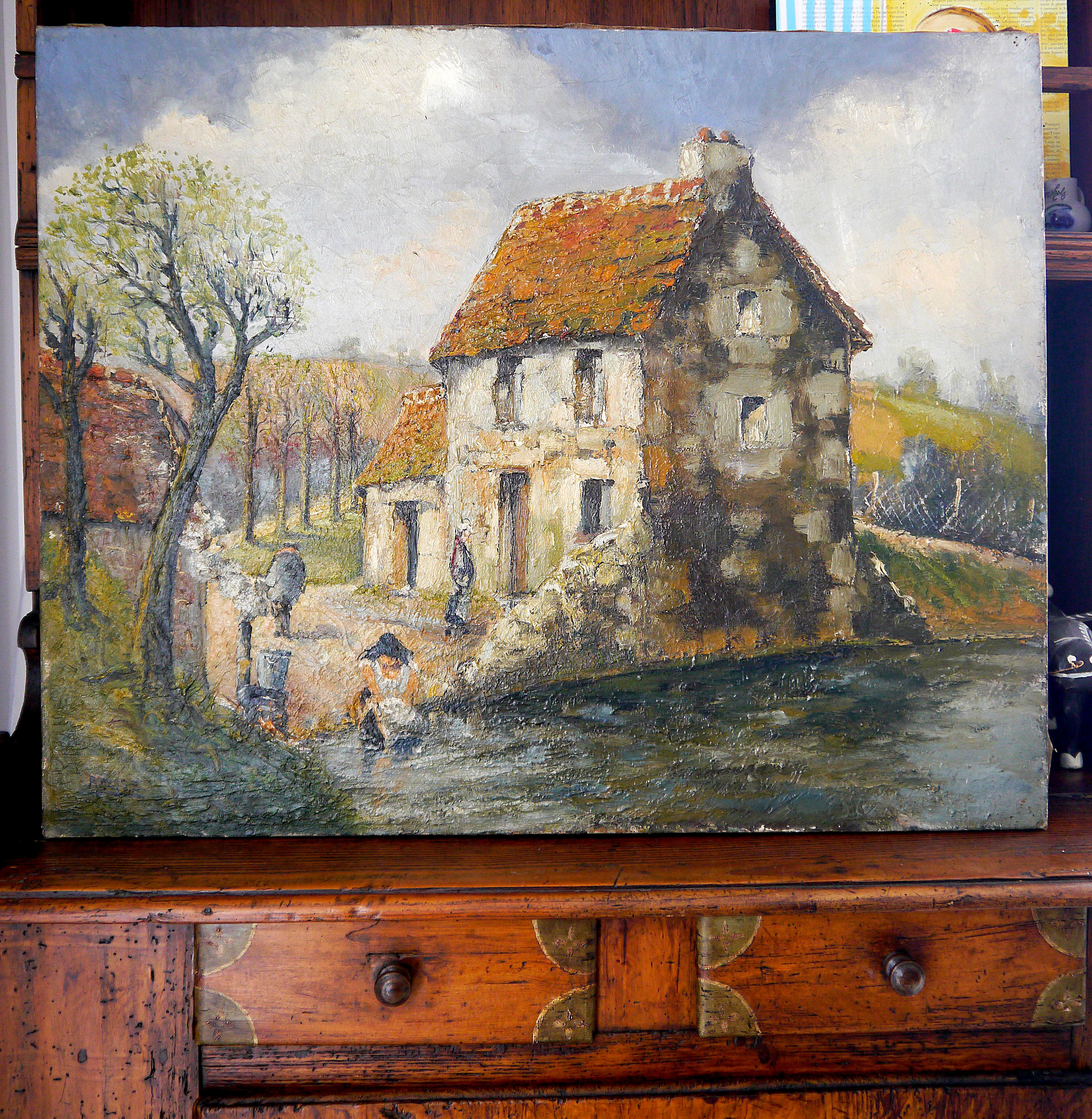 20° secolo Impressionista francese Casa paesaggio Pittura ad olio firmata 1