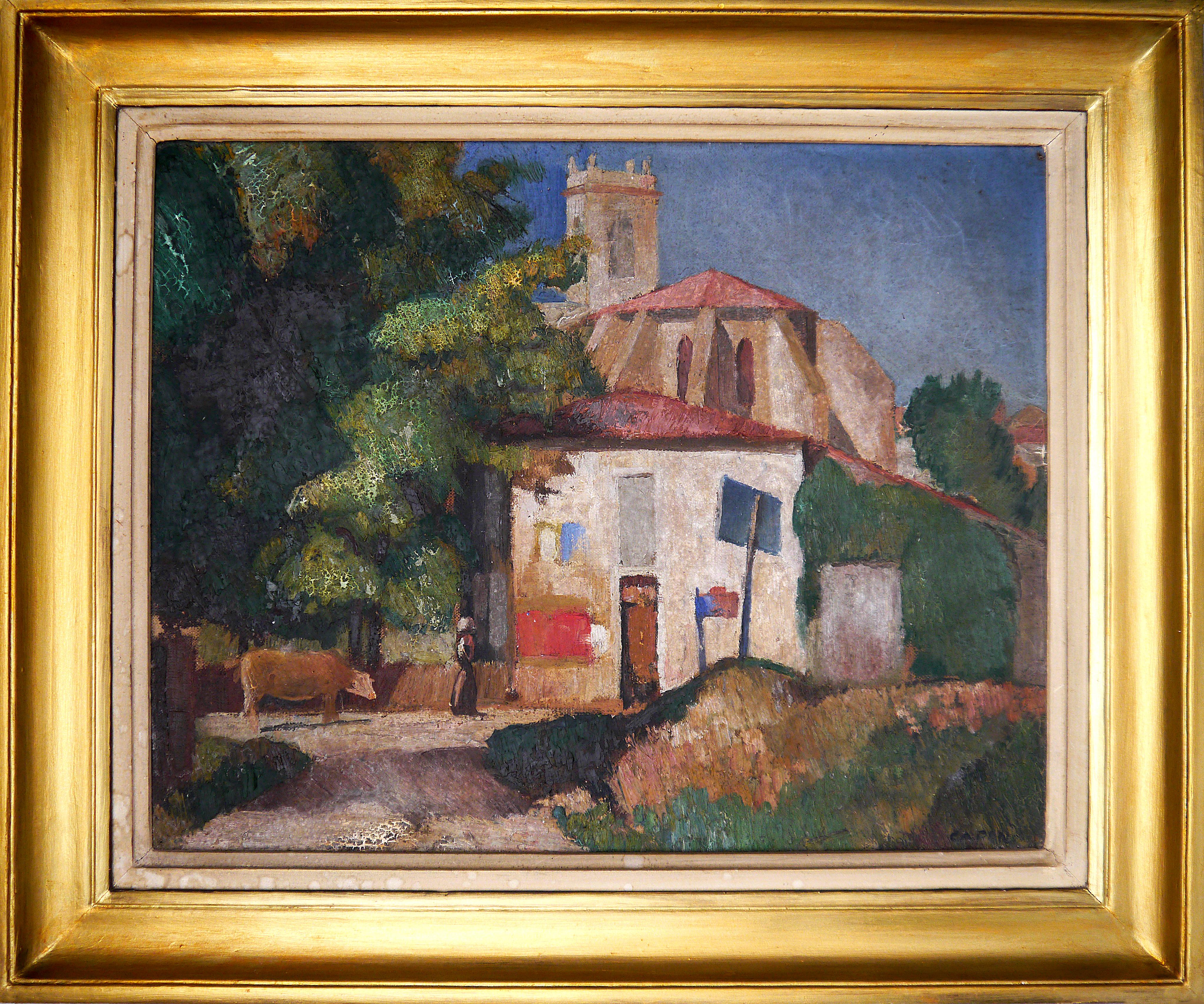 French School Old Masters Landscape Painting - 20th Century French Post Impressionism Provence scene Oil painting Signed 