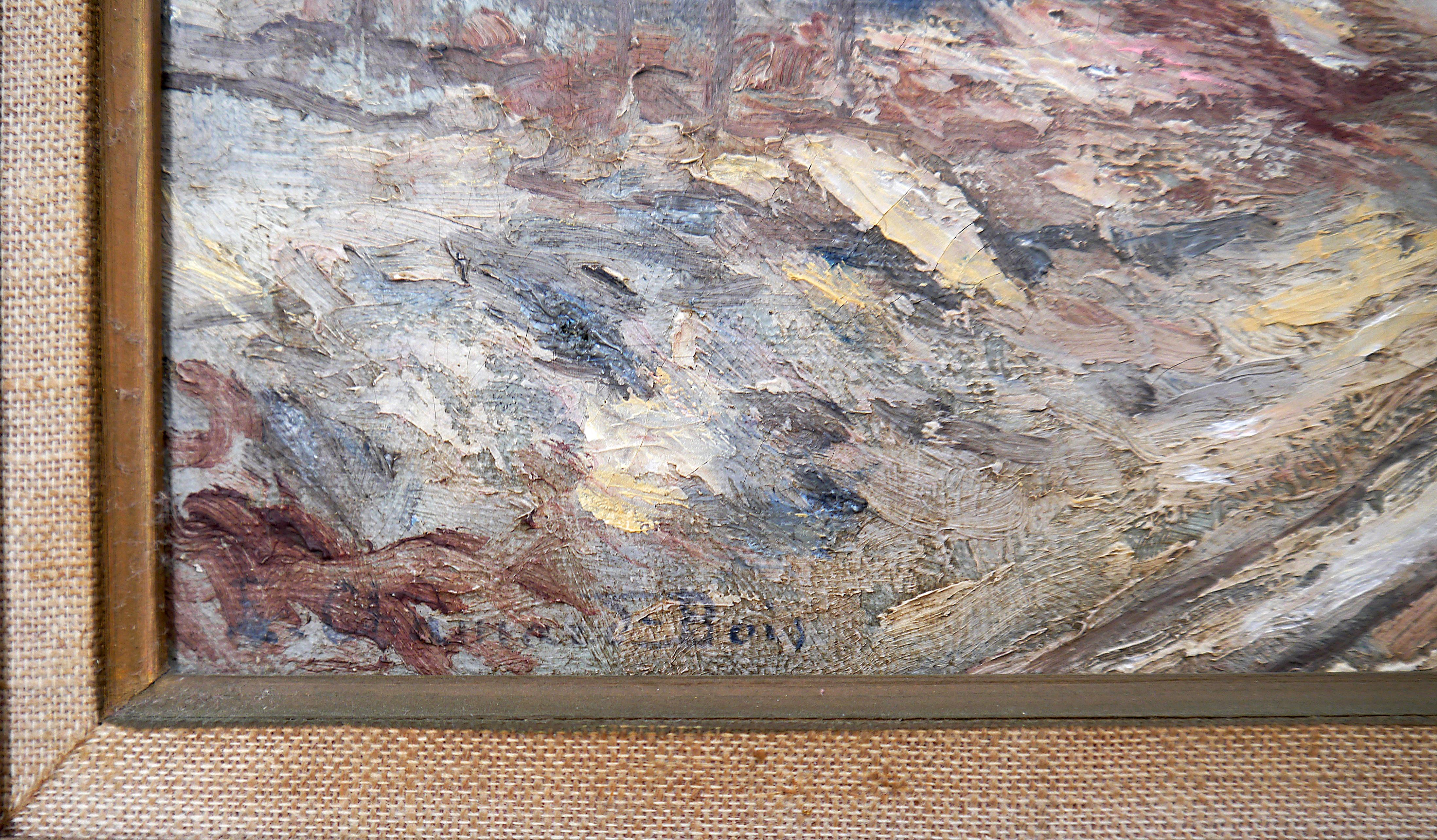 Peinture à l'huile post-impressionniste française du 20ème siècle, représentant un paysage de neige, signée 6