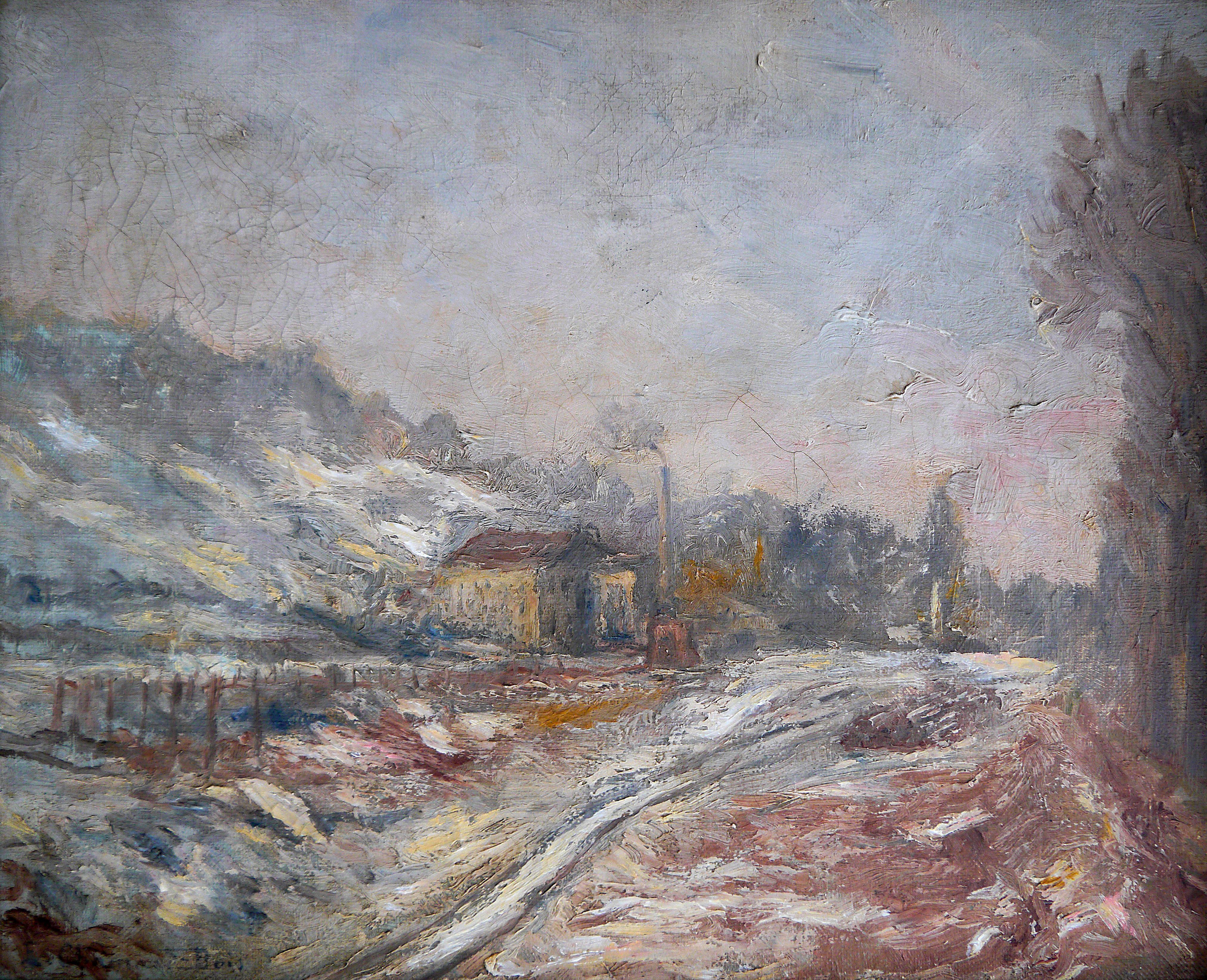 Peinture à l'huile post-impressionniste française du 20ème siècle, représentant un paysage de neige, signée - Painting de French School Old Masters