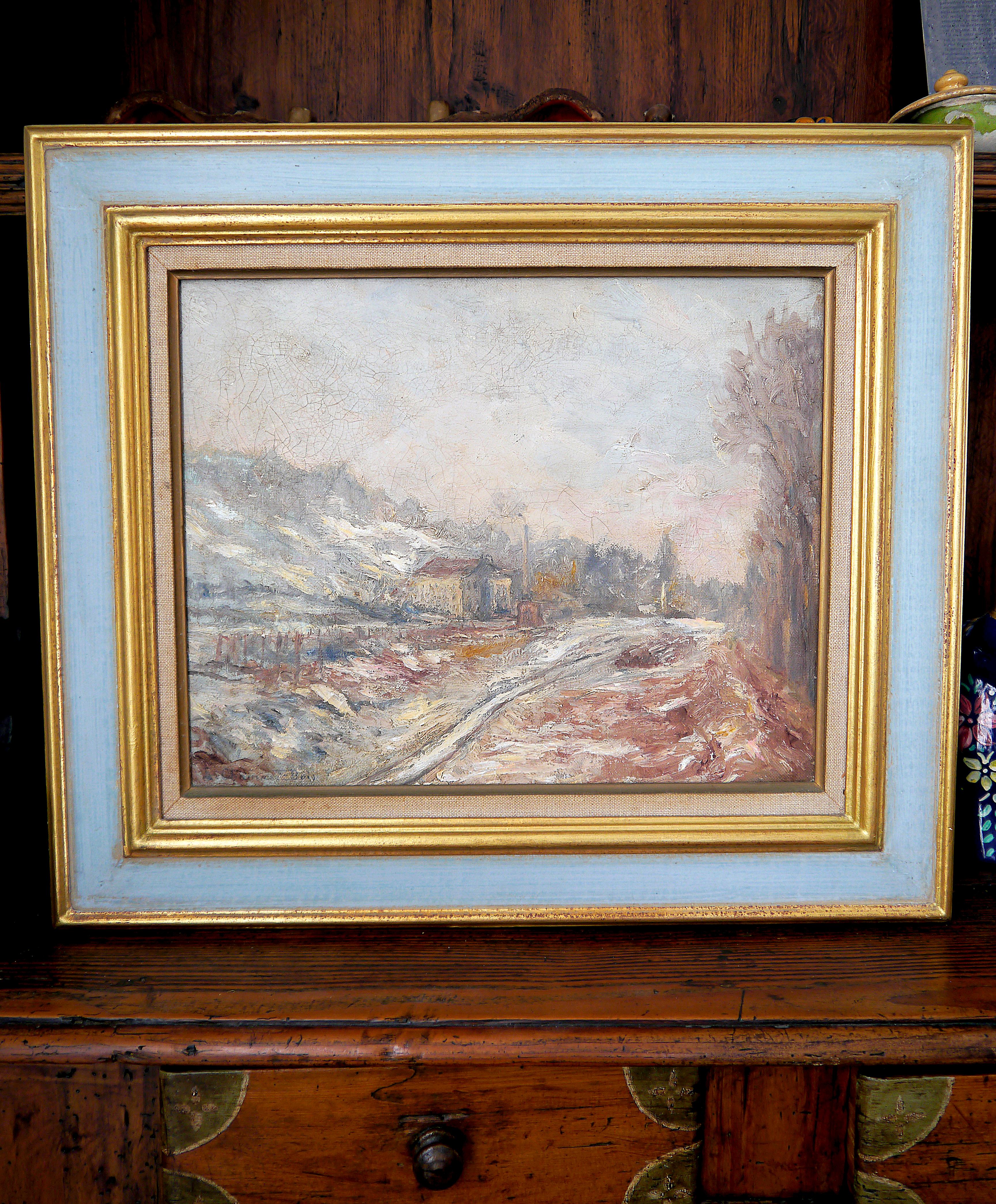 Peinture à l'huile post-impressionniste française du 20ème siècle, représentant un paysage de neige, signée - Impressionnisme Painting par French School Old Masters