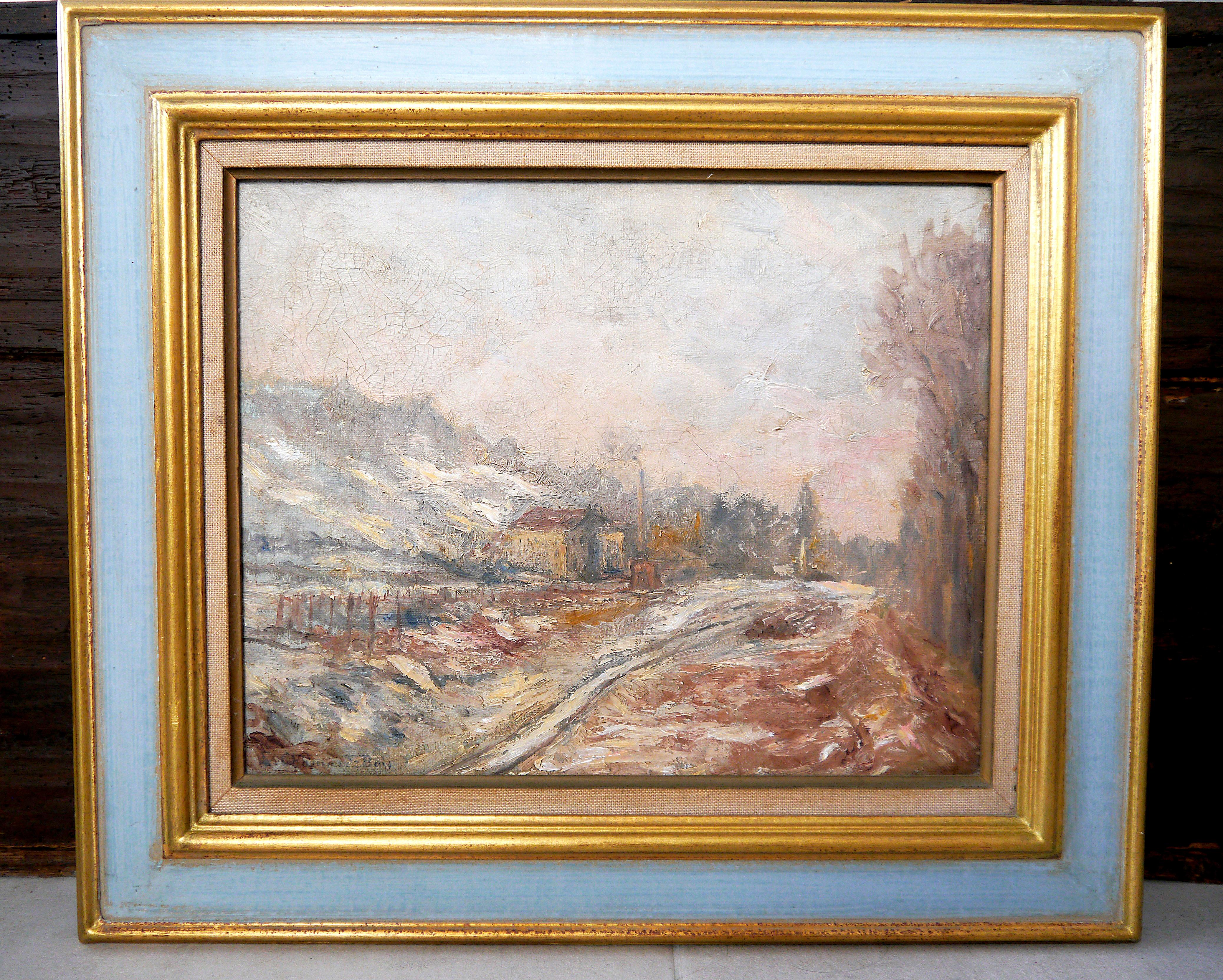 Paysage de neige _ paysage de Brie de Émile Chamard Boi 

Emile Chamard Boi est un peintre français du XIX -XX. (1878-1947) Il a étudié la peinture à l'École des beaux-arts de Paris et a été l'élève des peintres Fernand Cormon et Paul Albert