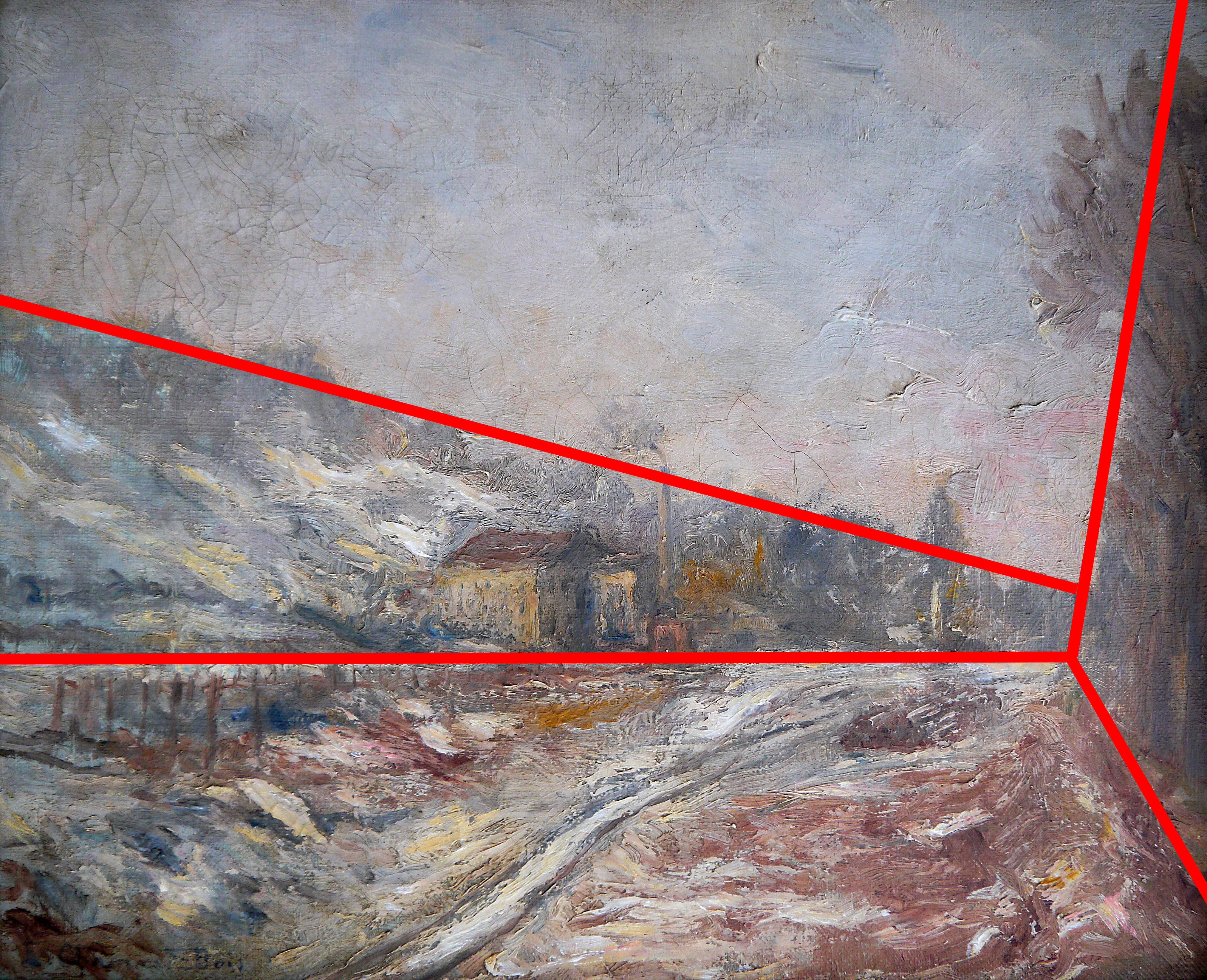 Peinture à l'huile post-impressionniste française du 20ème siècle, représentant un paysage de neige, signée 1