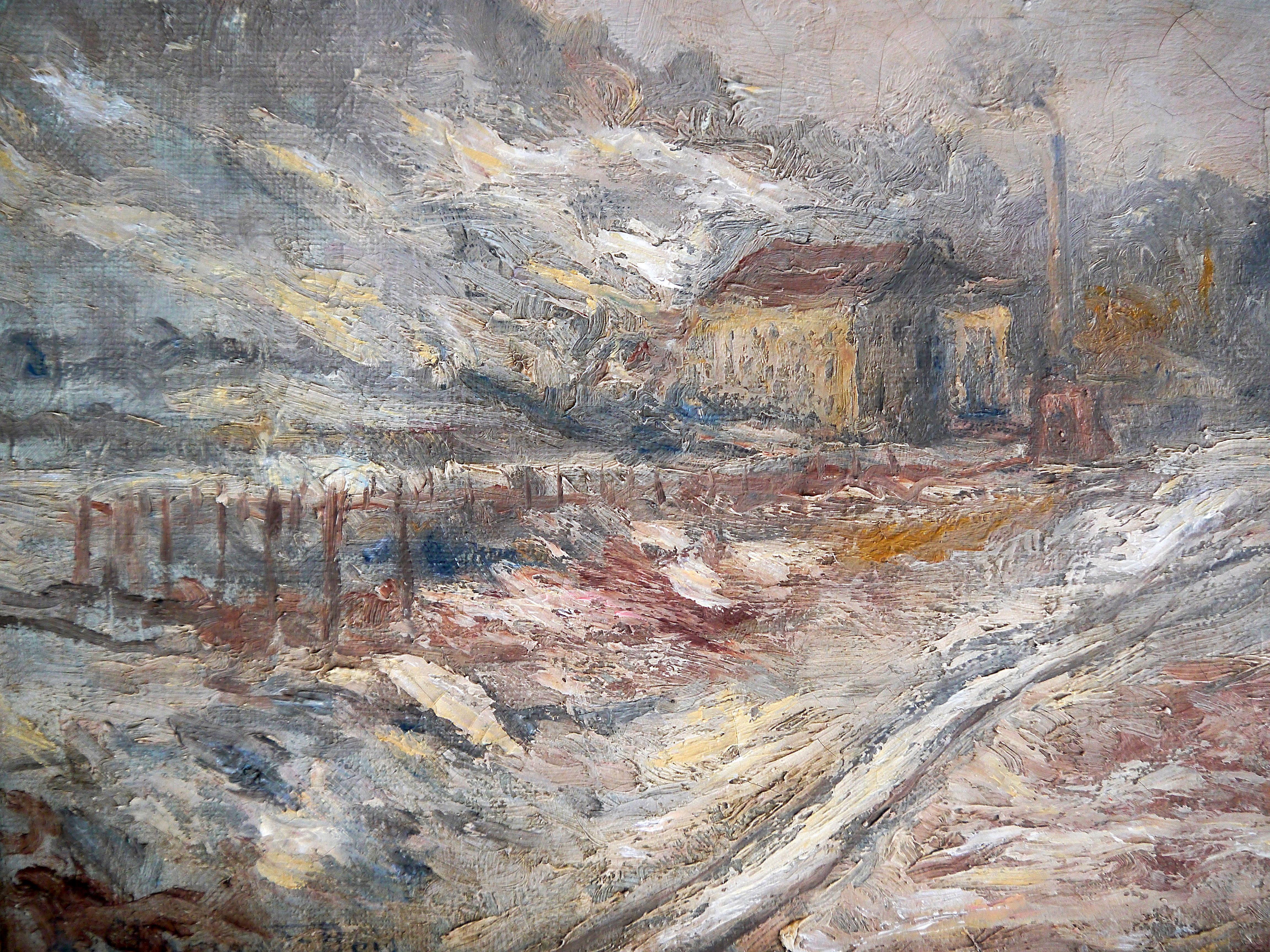 Peinture à l'huile post-impressionniste française du 20ème siècle, représentant un paysage de neige, signée 2