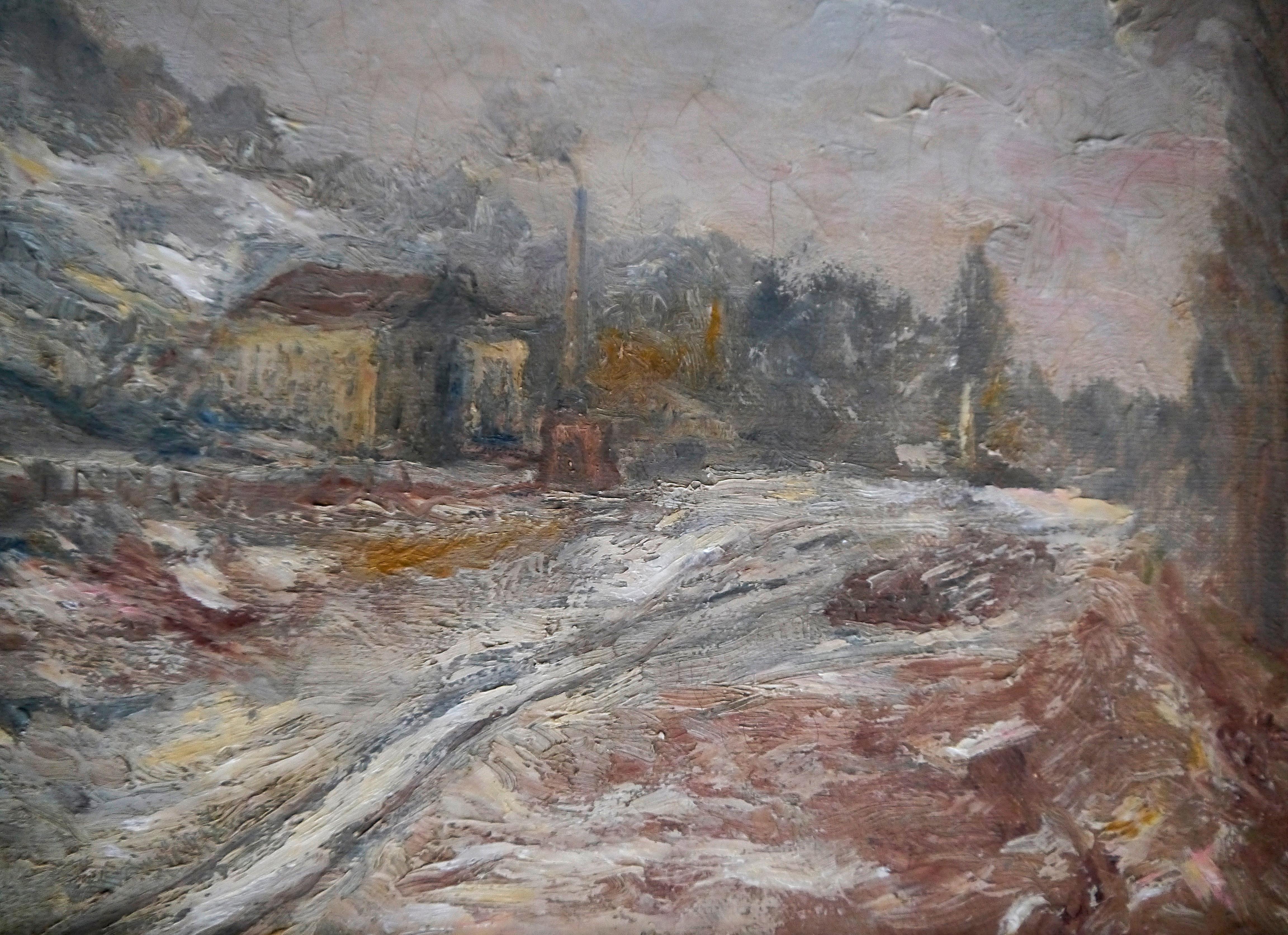 Peinture à l'huile post-impressionniste française du 20ème siècle, représentant un paysage de neige, signée 4