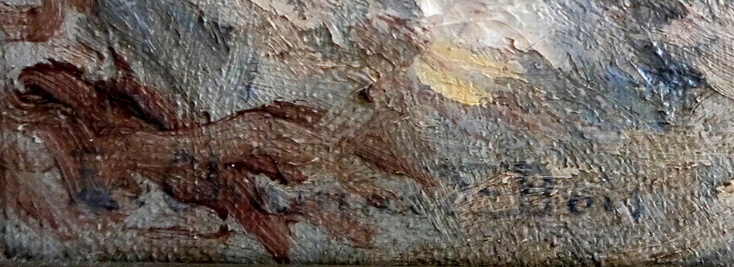 Peinture à l'huile post-impressionniste française du 20ème siècle, représentant un paysage de neige, signée 5