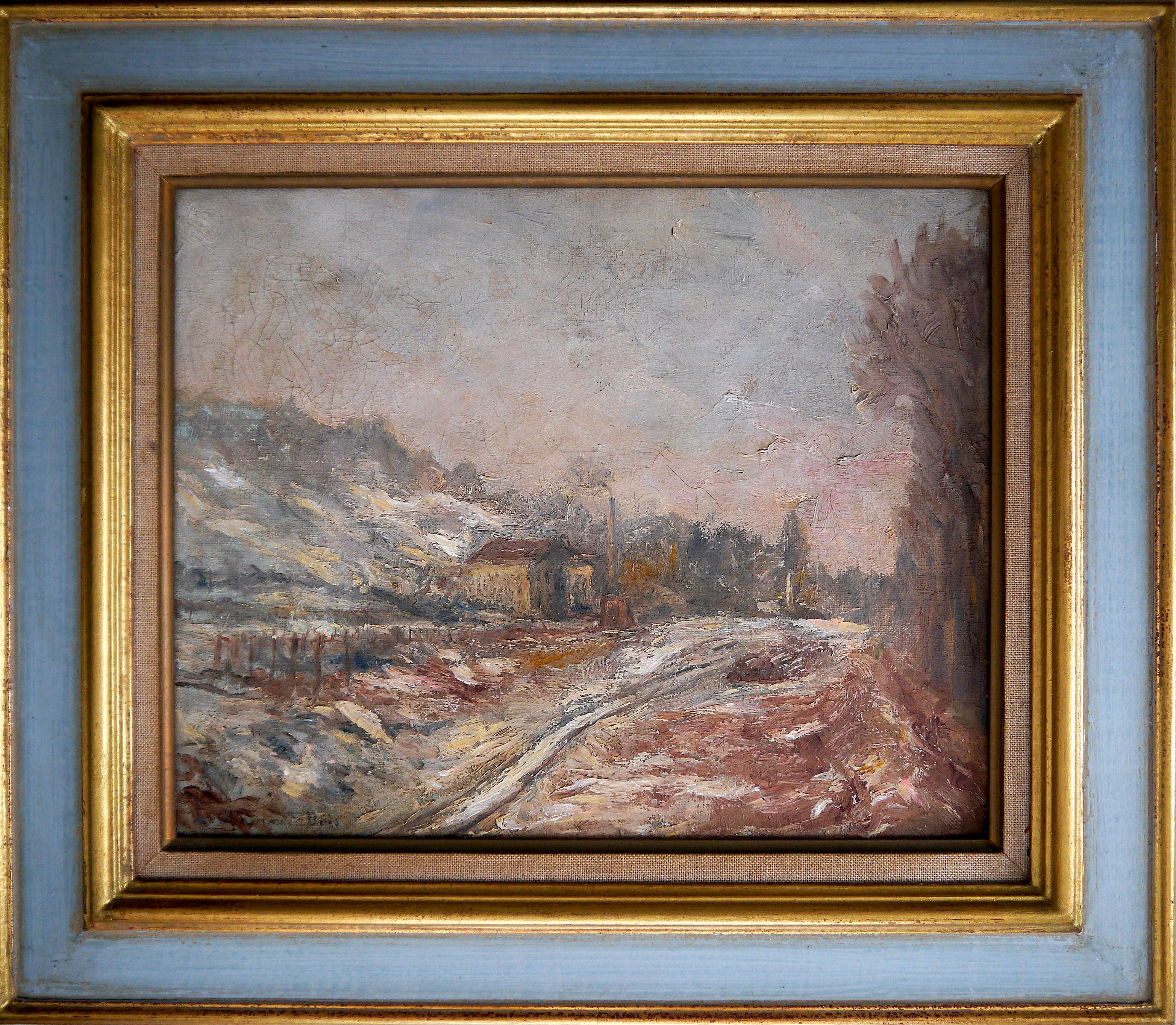 20th Century French Post Impressionism Snow Landscape Oil painting Signed 