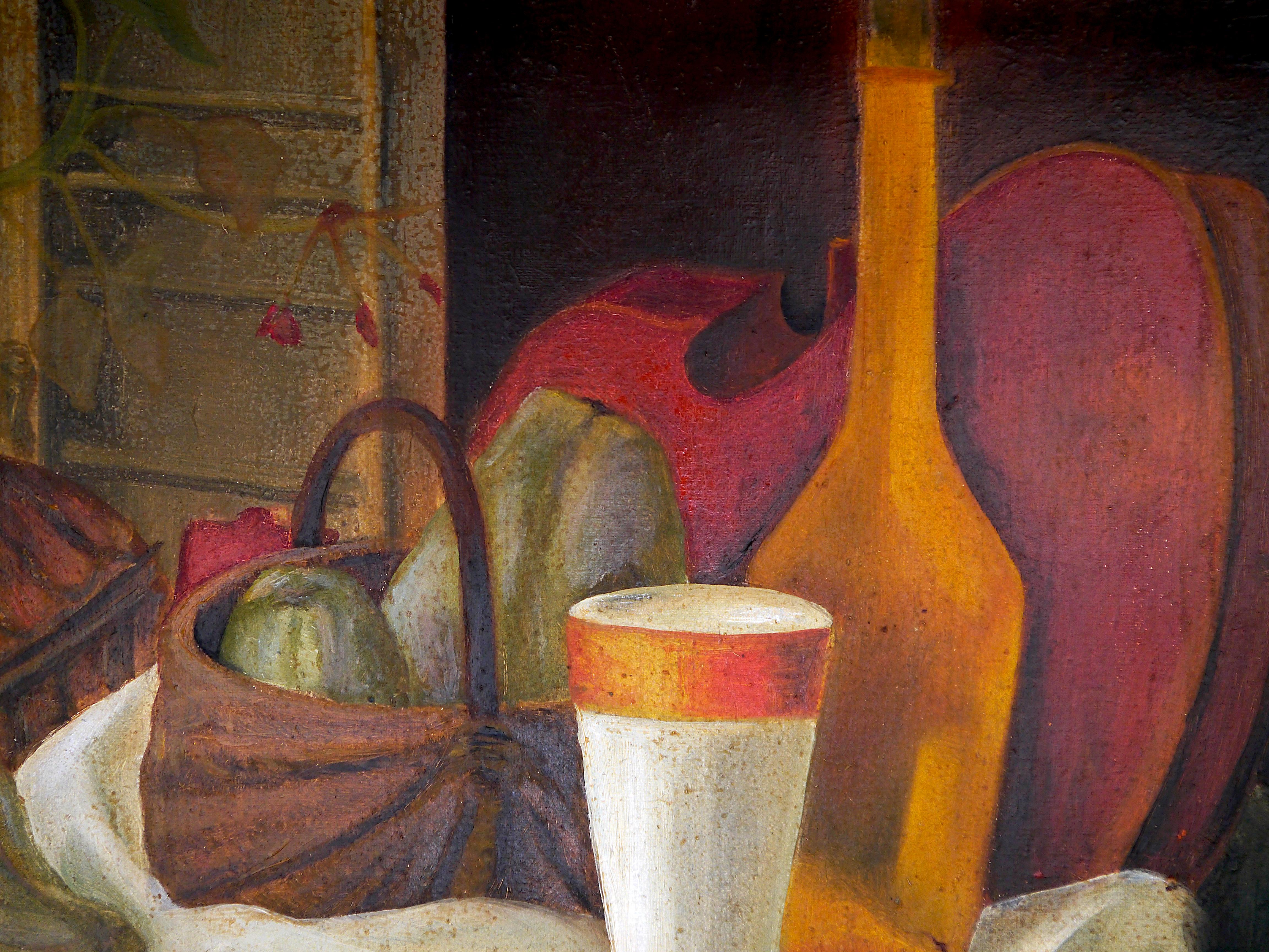 Stillleben Komposition

Strukturelle Analyse :
Es handelt sich um ein impressionistisches Stilleben, eine Komposition mit Glas im Vordergrund, dahinter ein Blumentopf, ein Korb mit Gemüse, eine Flasche, eine Geige und schließlich eine Tischdecke. Im