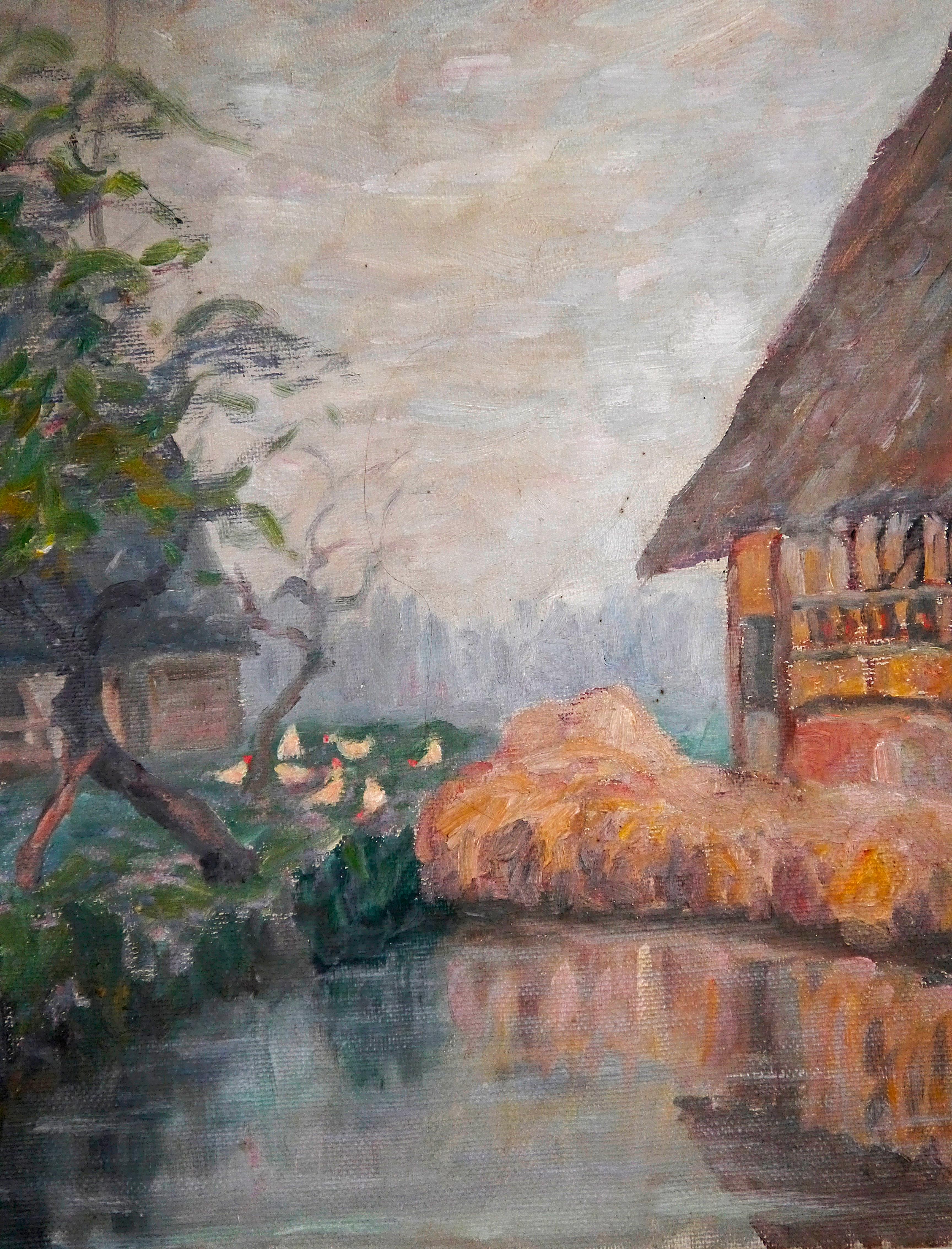 20ème siècle Français Post Impressionniste Paysage de grange Peinture à l'huile Signée  en vente 1