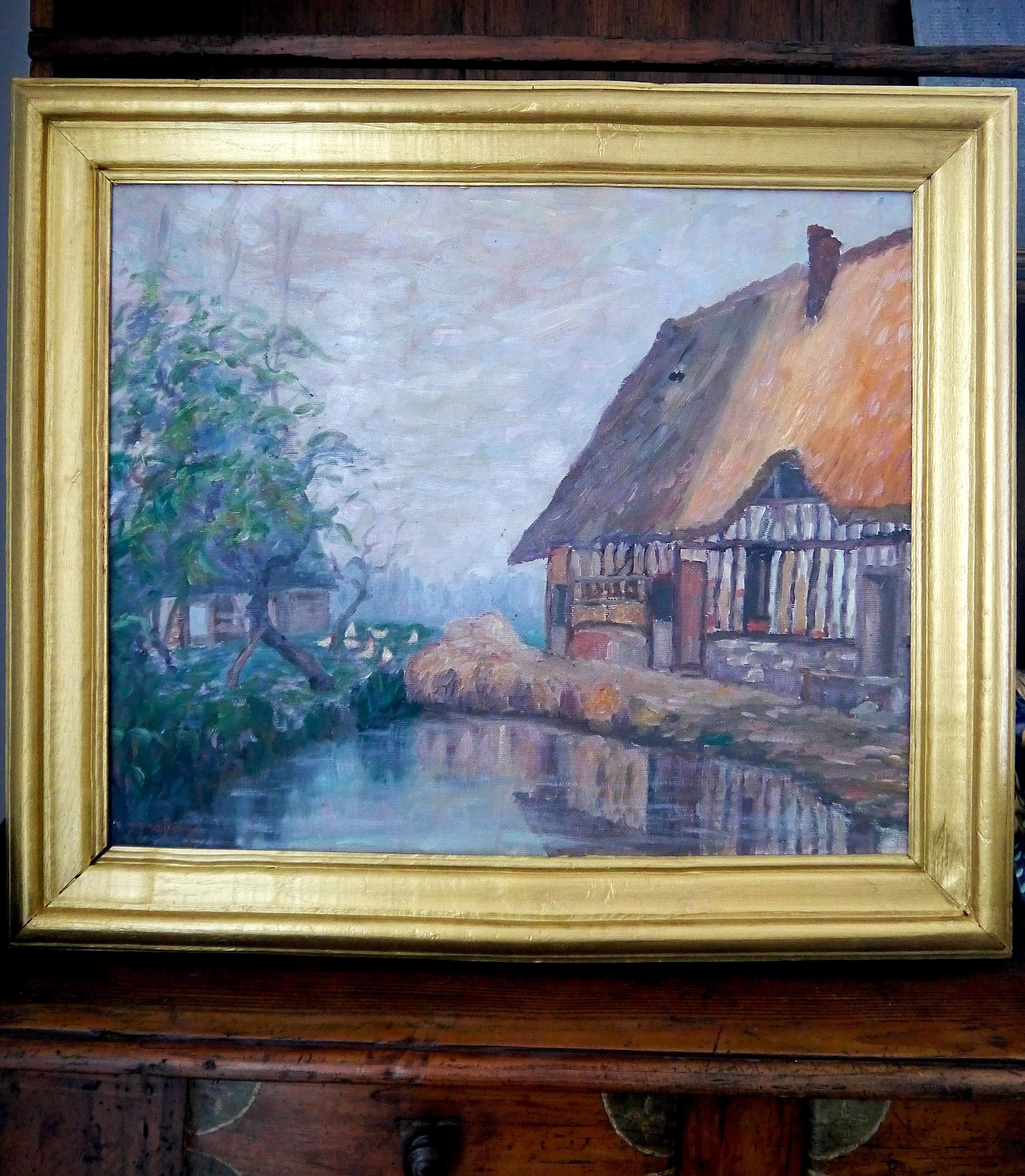 20ème siècle Français Post Impressionniste Paysage de grange Peinture à l'huile Signée  en vente 3