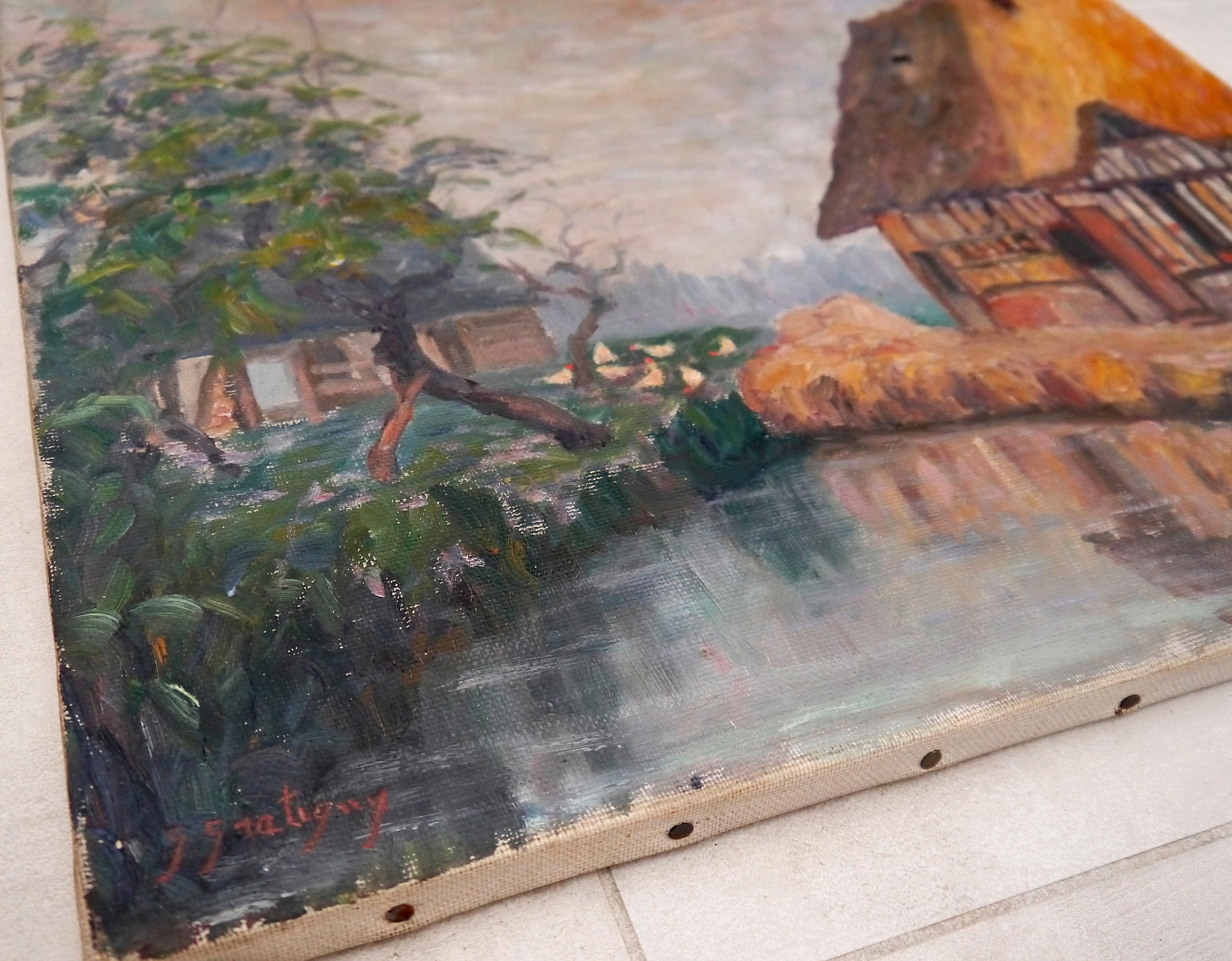 20ème siècle Français Post Impressionniste Paysage de grange Peinture à l'huile Signée  en vente 4