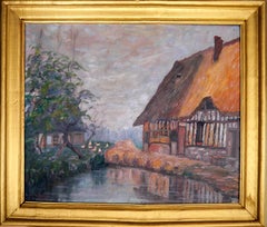 20ème siècle Français Post Impressionniste Paysage de grange Peinture à l'huile Signée 
