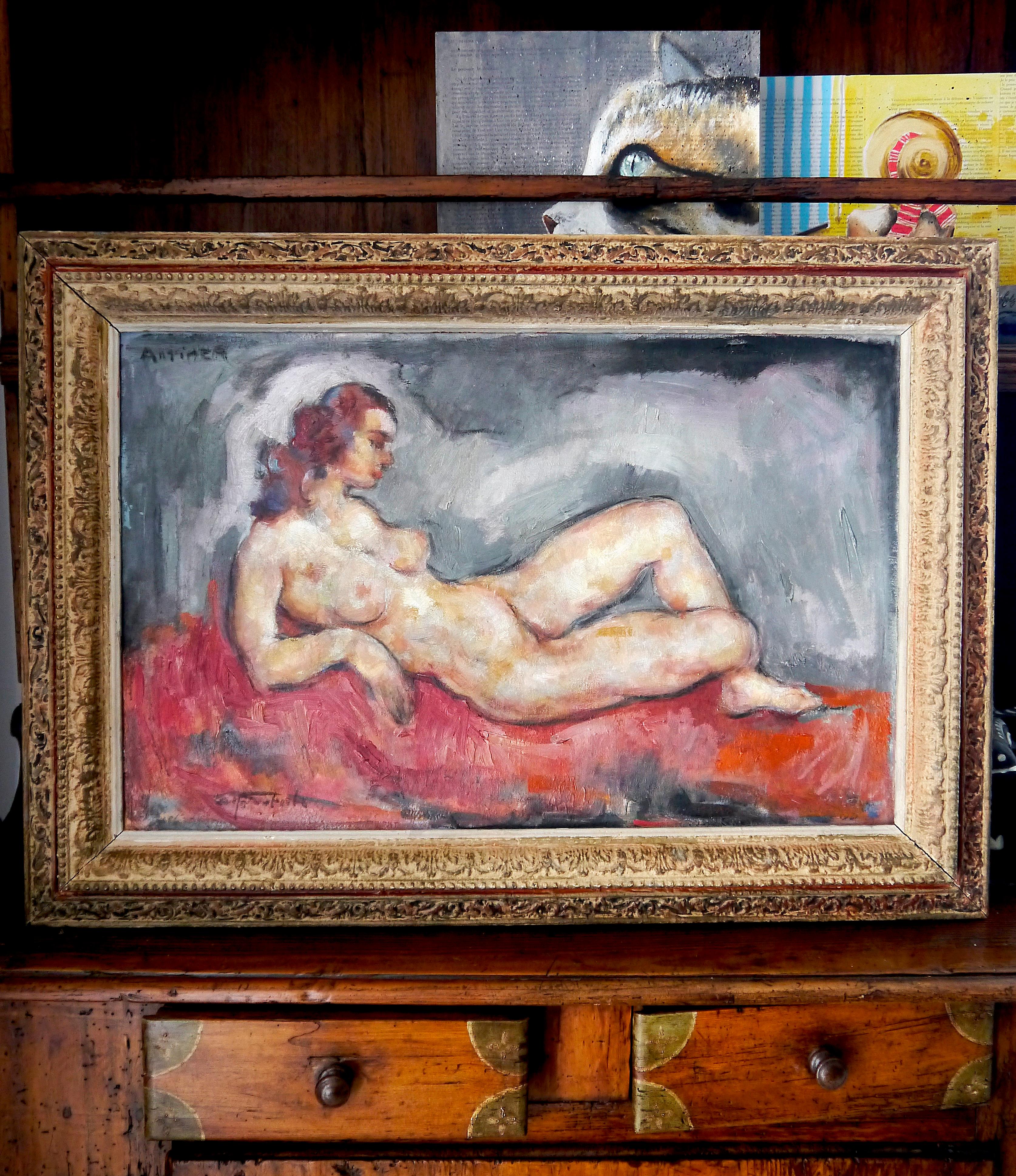 20th Century French Post Impressionist Nude on red couch Oil  Signed AUC - Painting by French School Old Masters