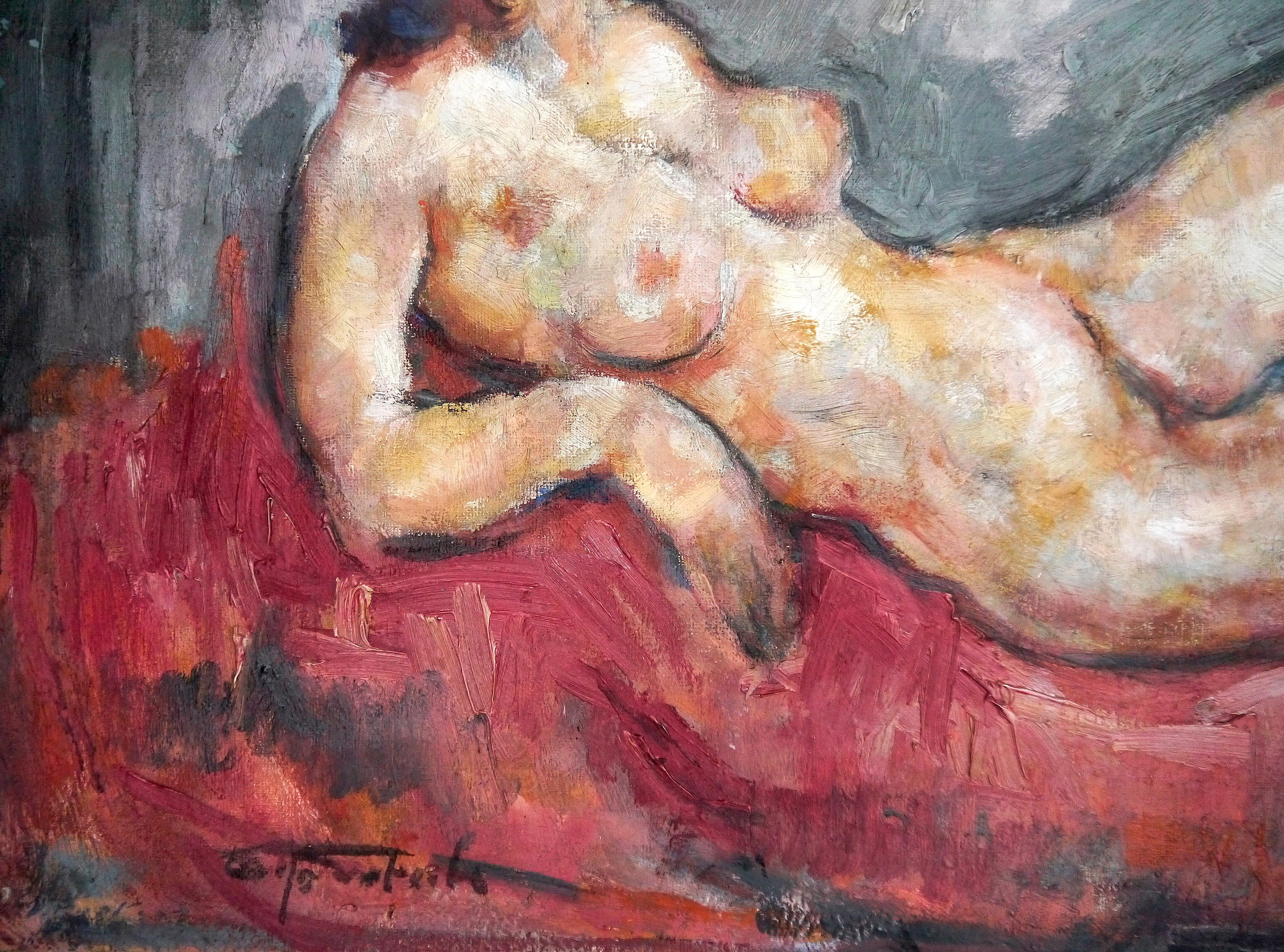 20th Century French Post Impressionist Nude on red couch Oil  Signed AUC 1