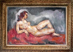 20th Century French Post Impressionist Nude on red couch Oil  Signed AUC
