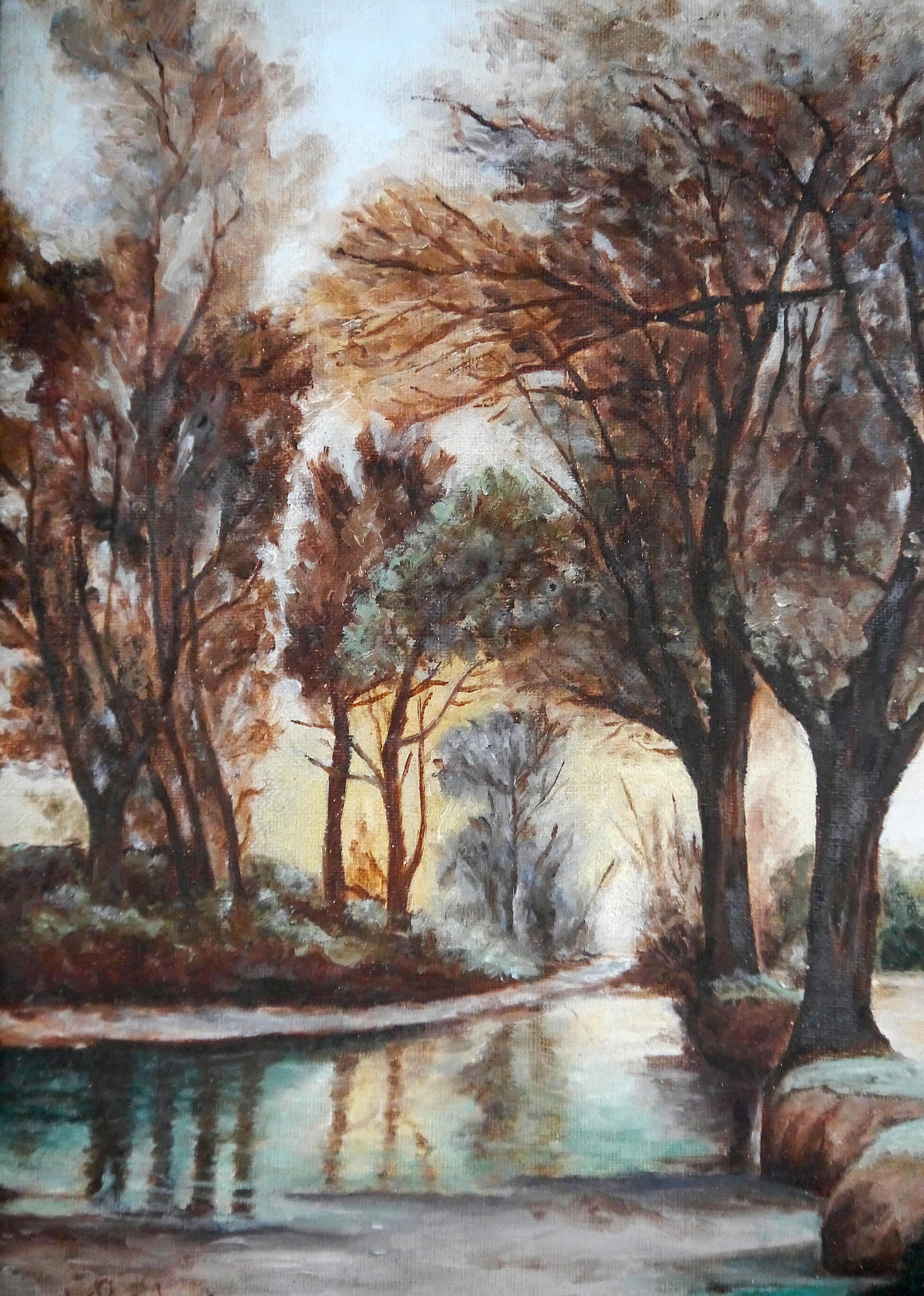 20th Century French School Luminous Landscape Oil painting Signed Oauc - Barbizon School Painting by French School Old Masters