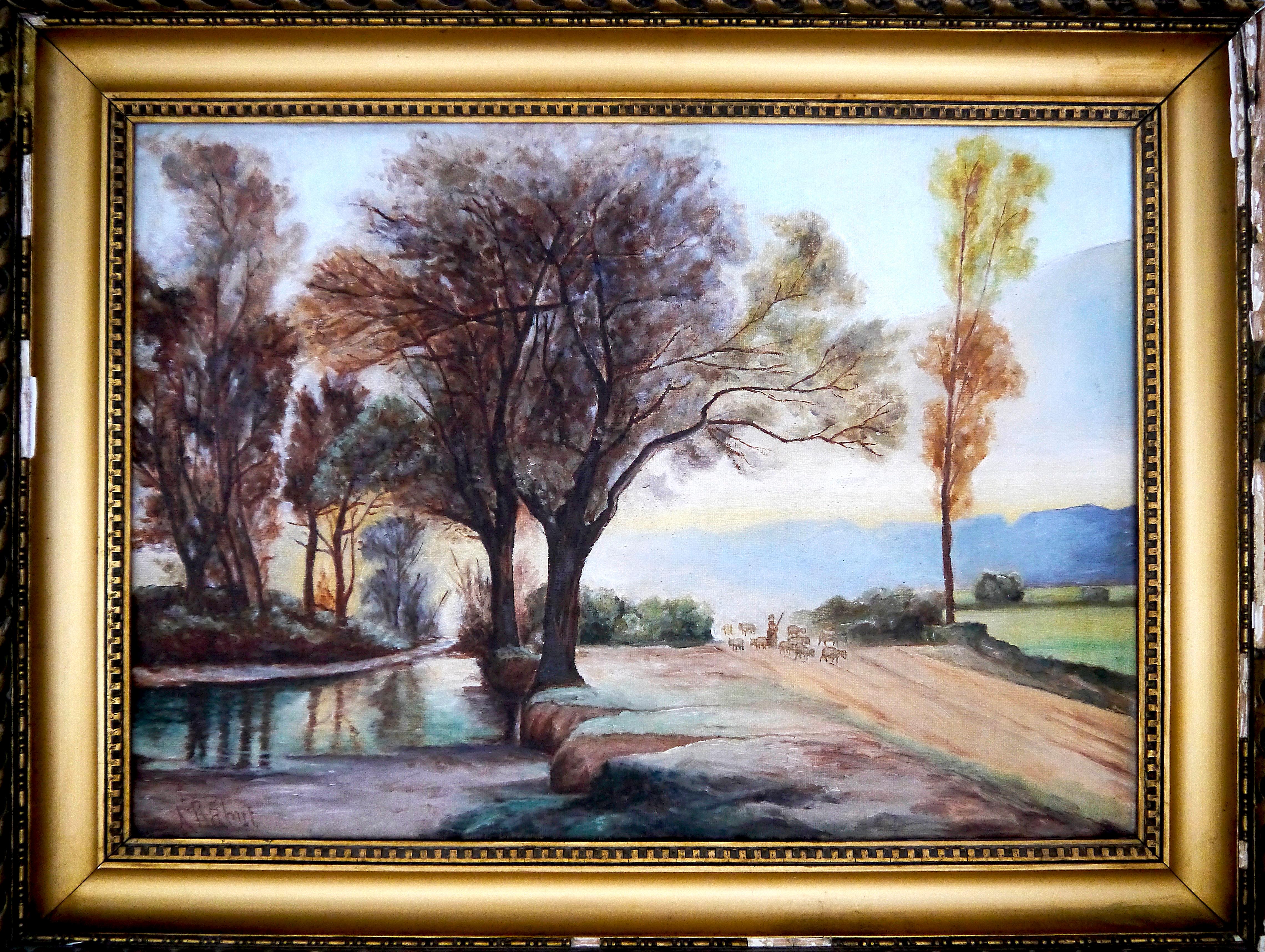 Óleo Paisaje luminoso de la Escuela Francesa Barbizon Firmado Enmarcado
