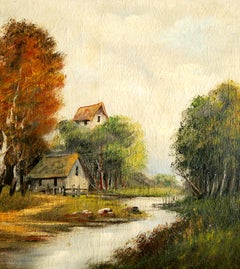 French Barbizon school Barn landscape - Oil painting Signed