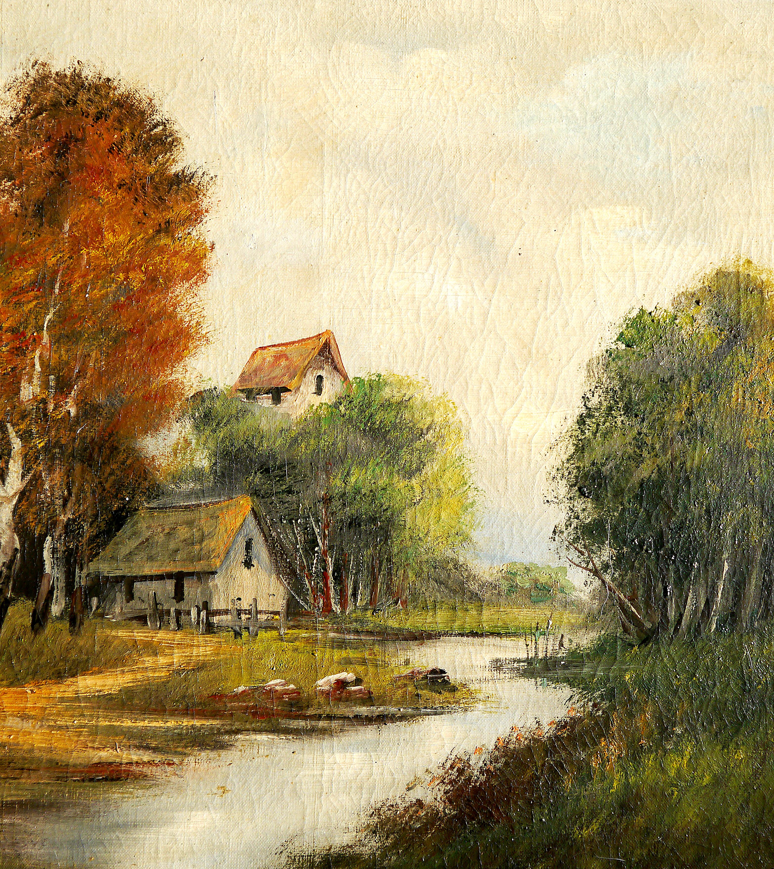 Paisaje de granero de la escuela francesa de Barbizon - Pintura al óleo Firmado - Painting de French School Old Masters