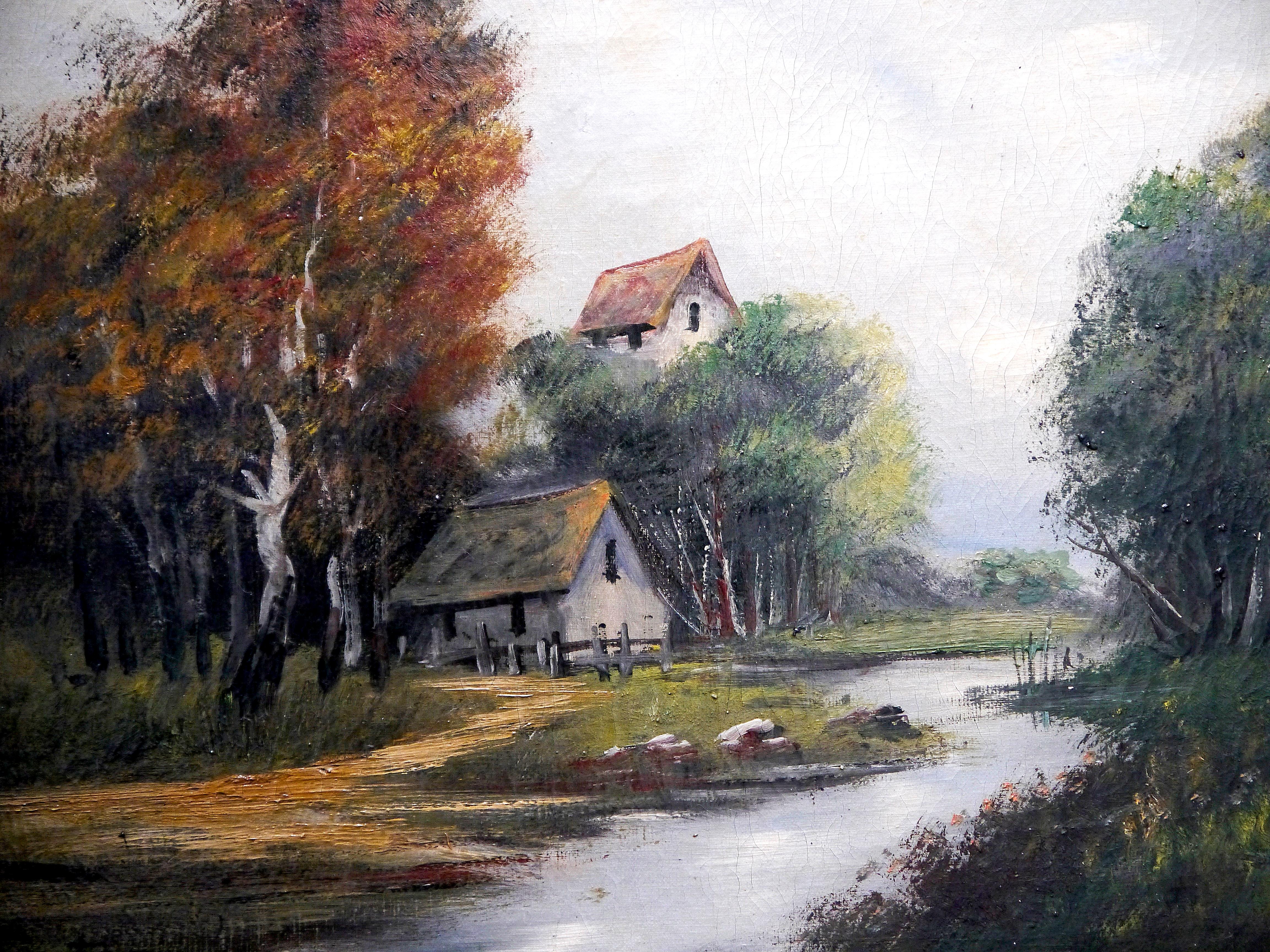 Paisaje de granero de la escuela francesa de Barbizon - Pintura al óleo Firmado - Painting Escuela de Barbizon de French School Old Masters