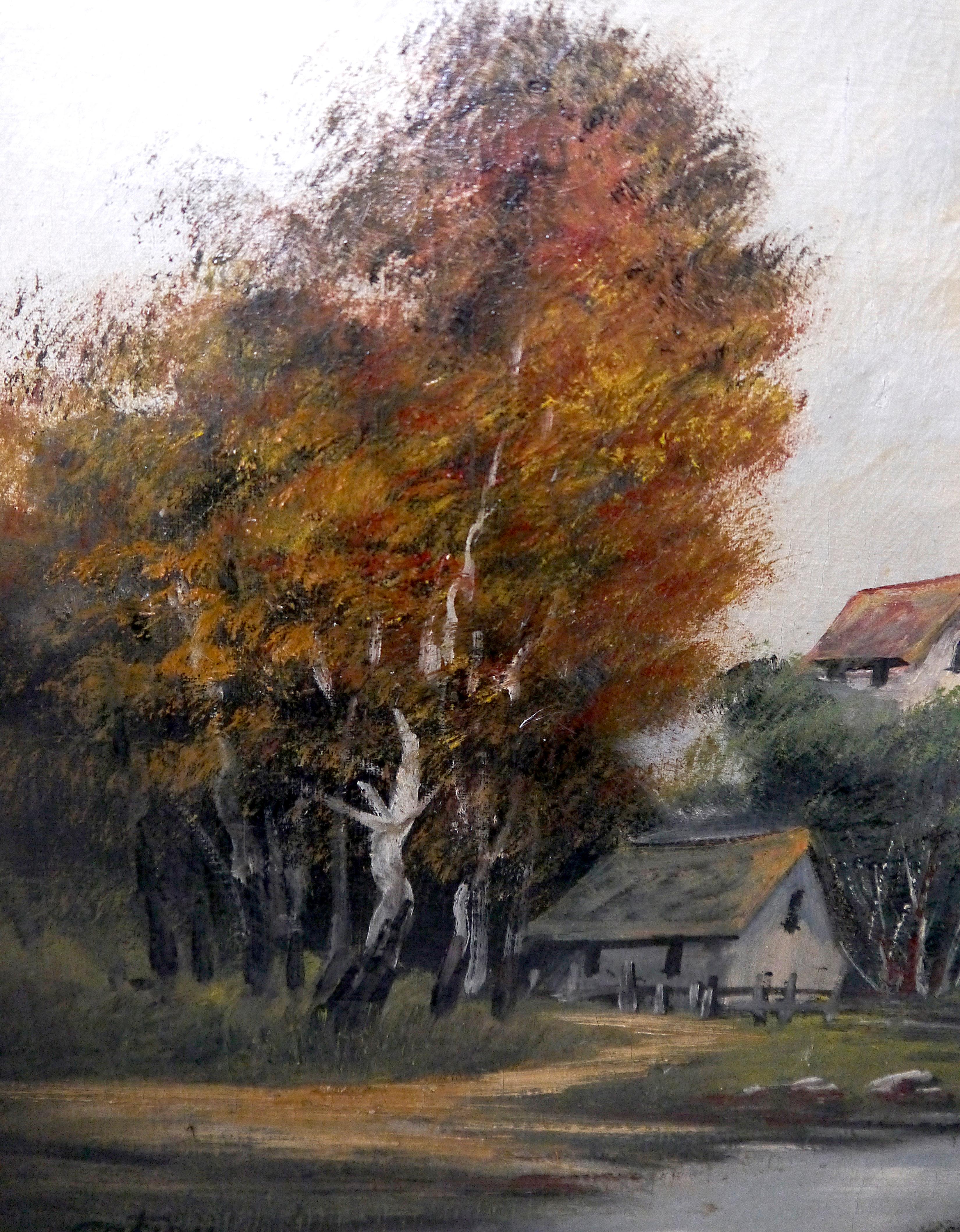 Paysage de grange de l'école de Barbizon - Peinture à l'huile signée  en vente 1