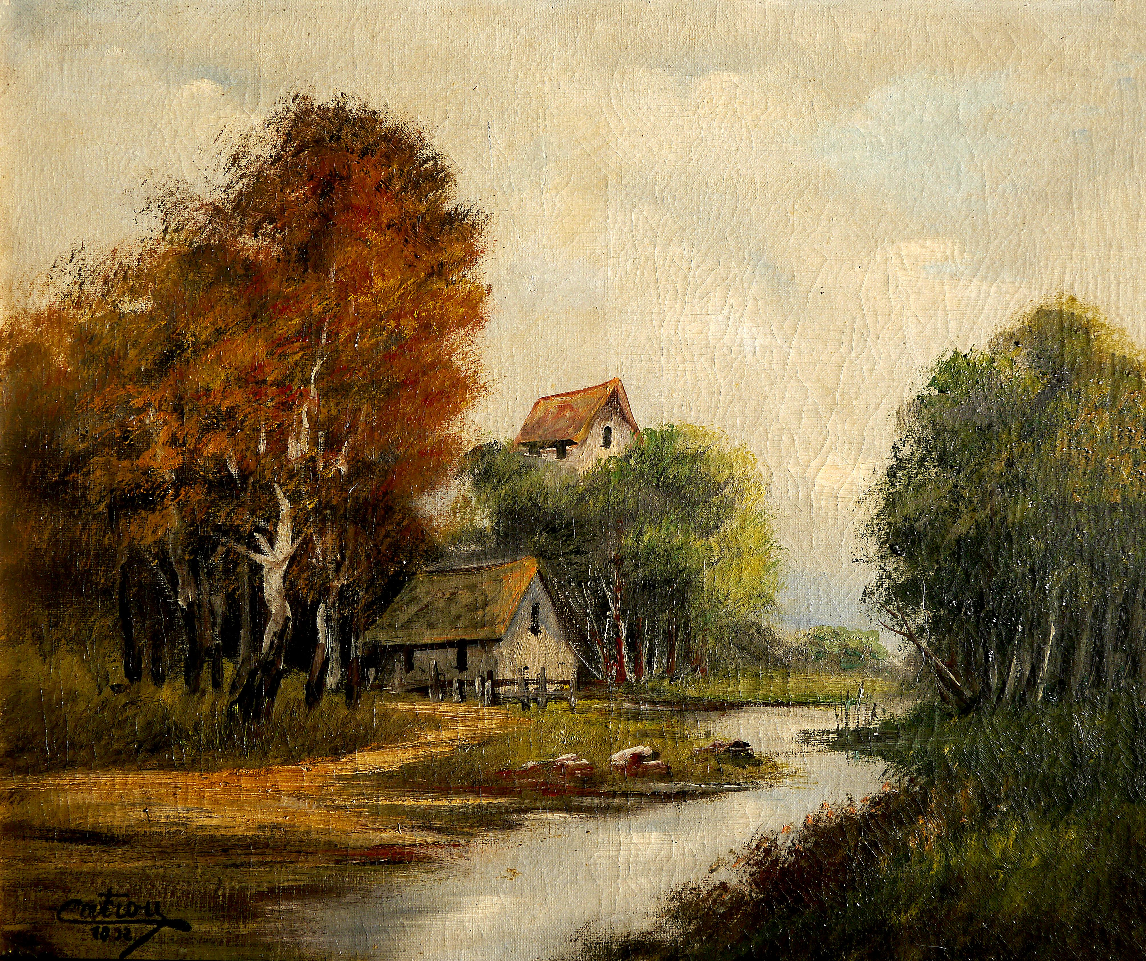French Barbizon school Barn landscape - Oil painting Signed  For Sale 2