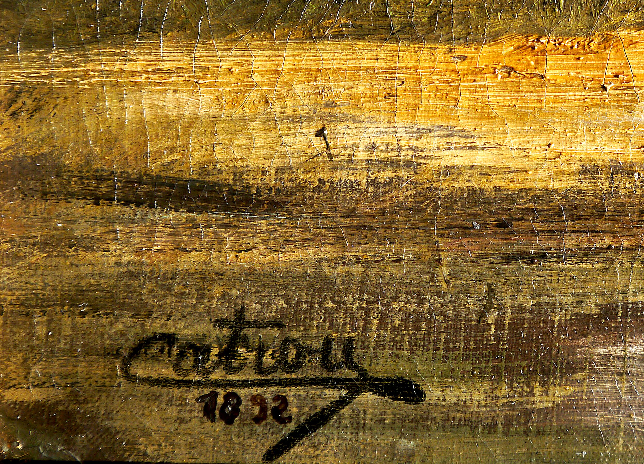 Paisaje de granero de la escuela francesa de Barbizon - Pintura al óleo Firmado 3