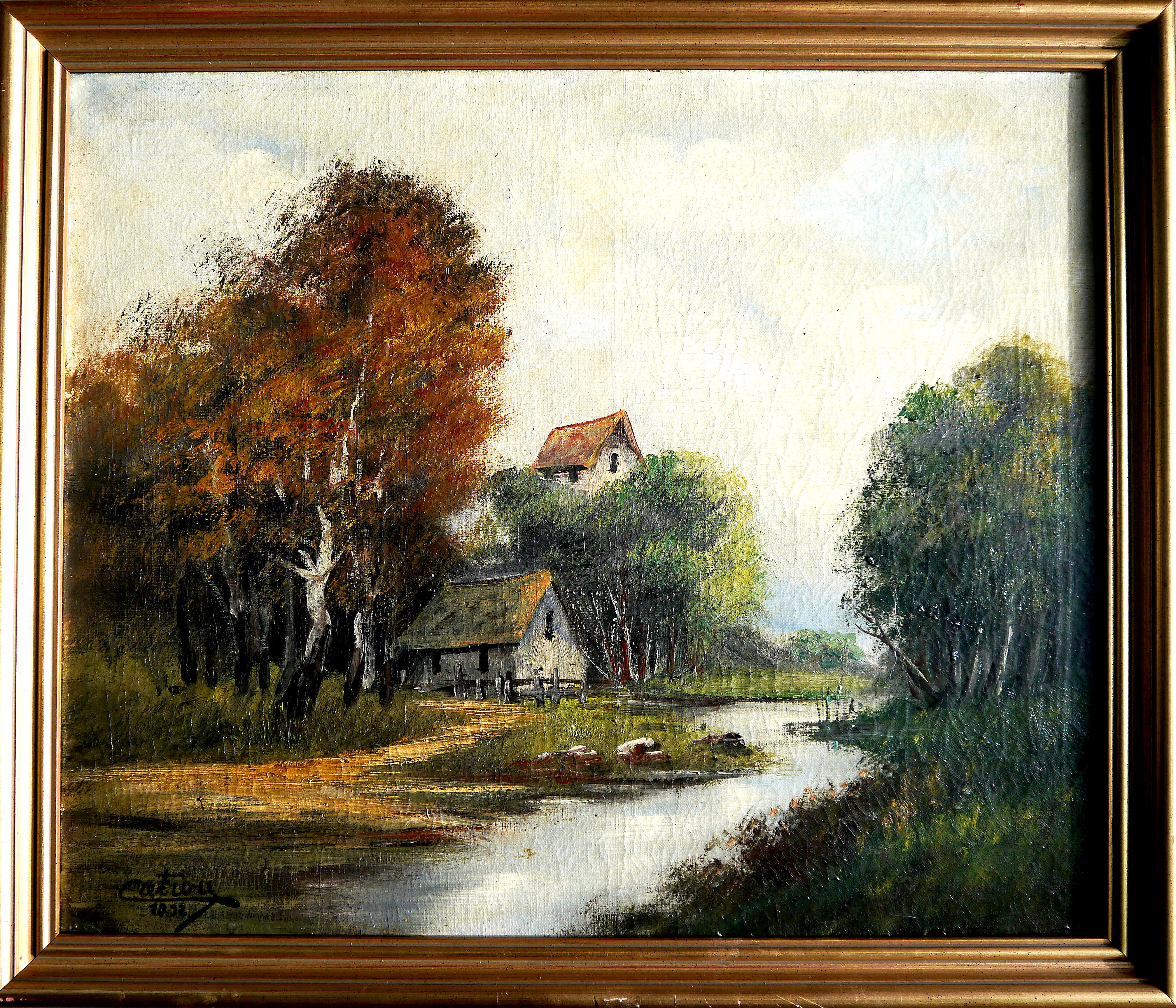 Landscape Painting French School Old Masters - Paysage de grange de l'école de Barbizon - Peinture à l'huile signée 